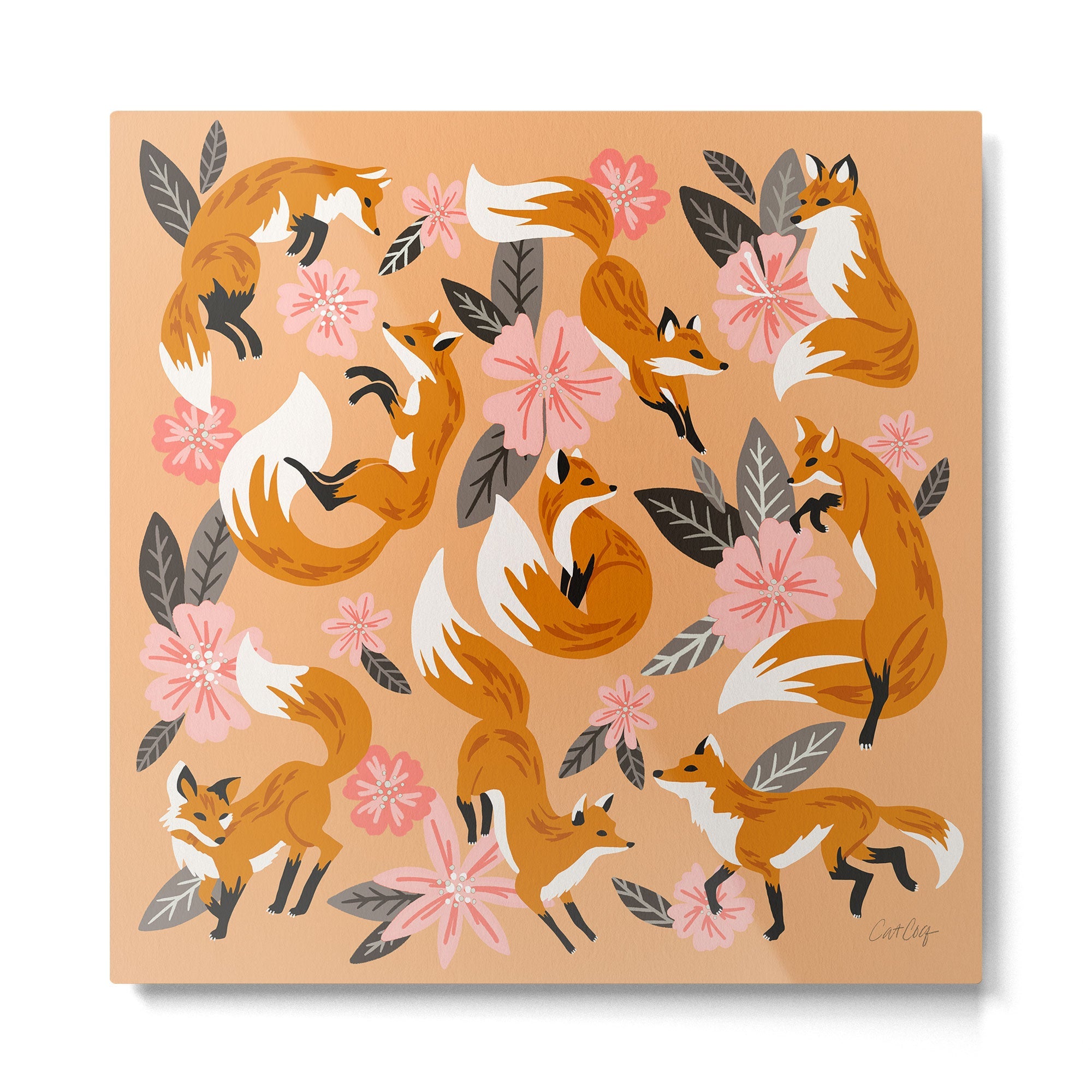 Foxes & Blooms - Melon Palette Metal Print | TeksDecor