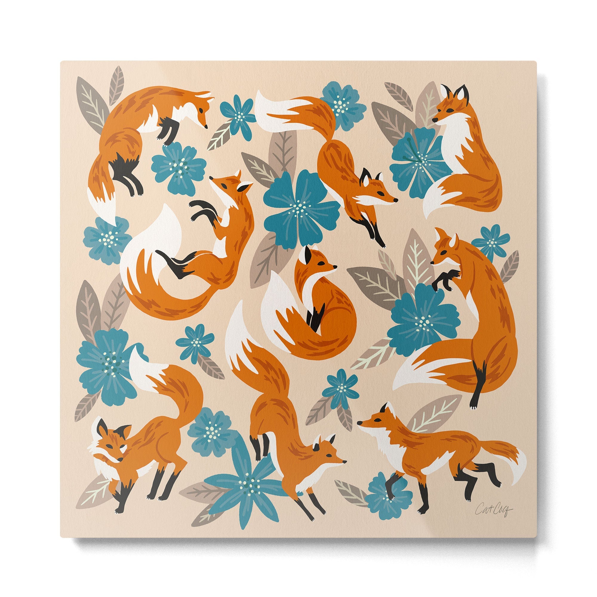 Foxes & Blooms - Tan & Blue Metal Print | TeksDecor