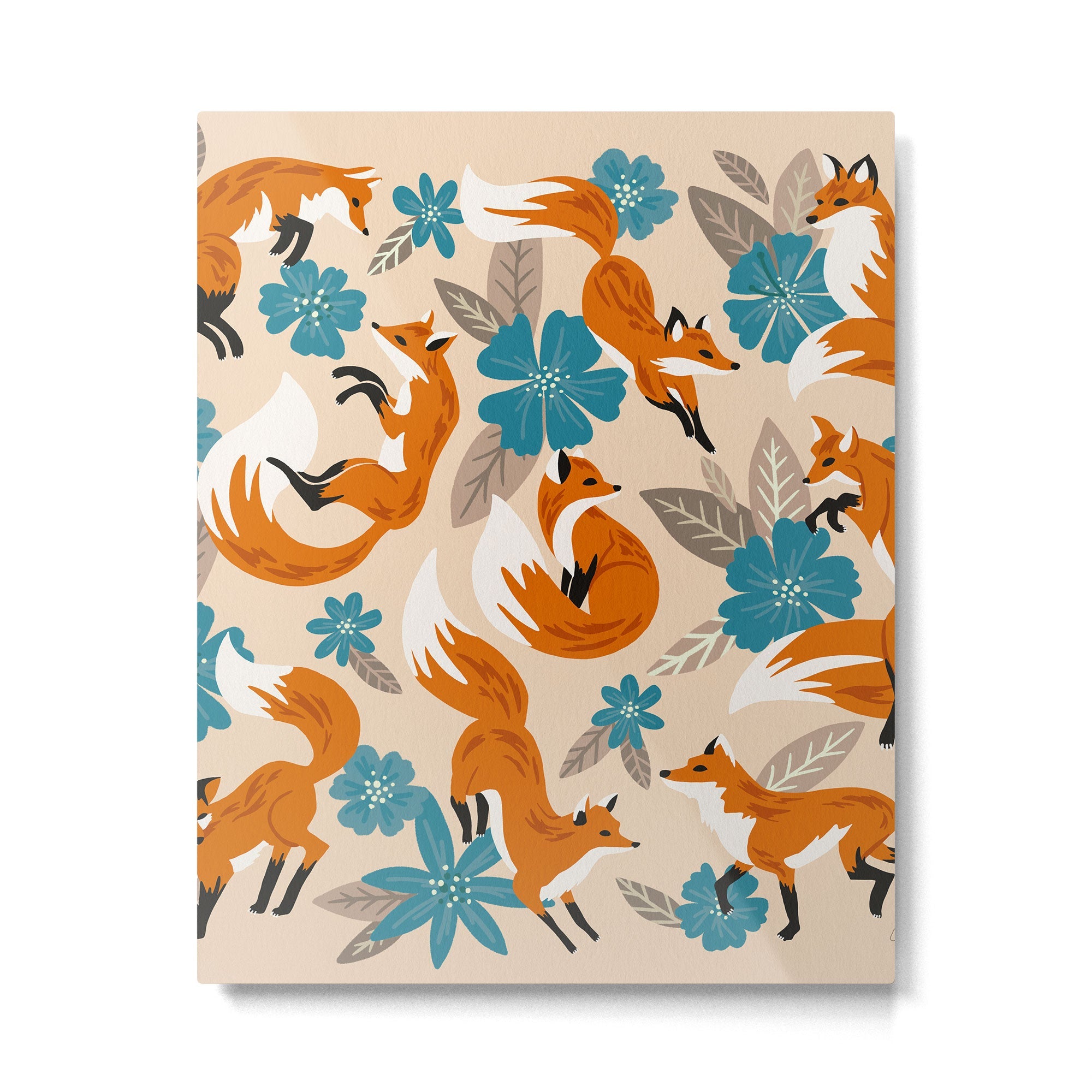 Foxes & Blooms - Tan & Blue Metal Print | TeksDecor