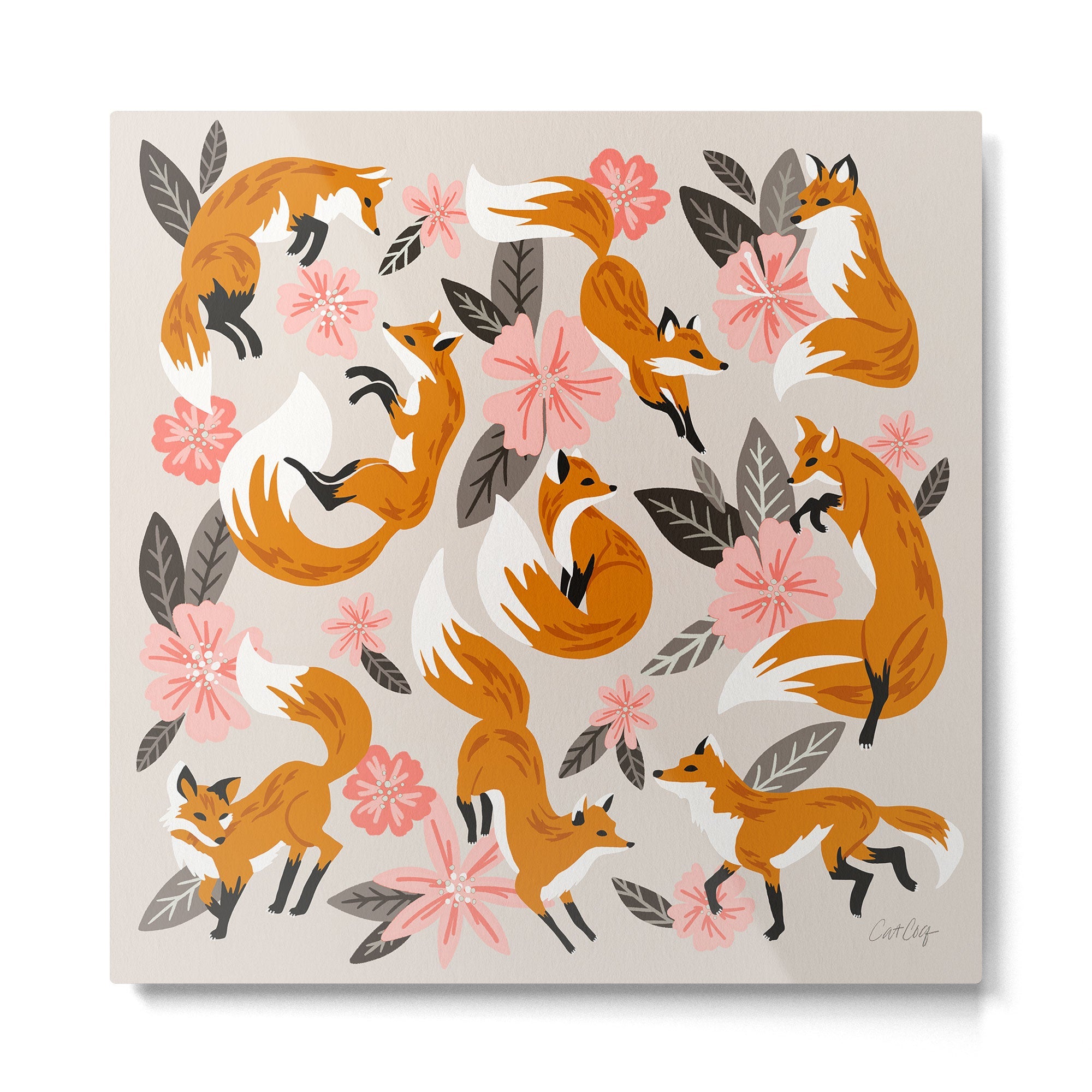 Foxes & Booms - Pink & Grey Metal Print | TeksDecor