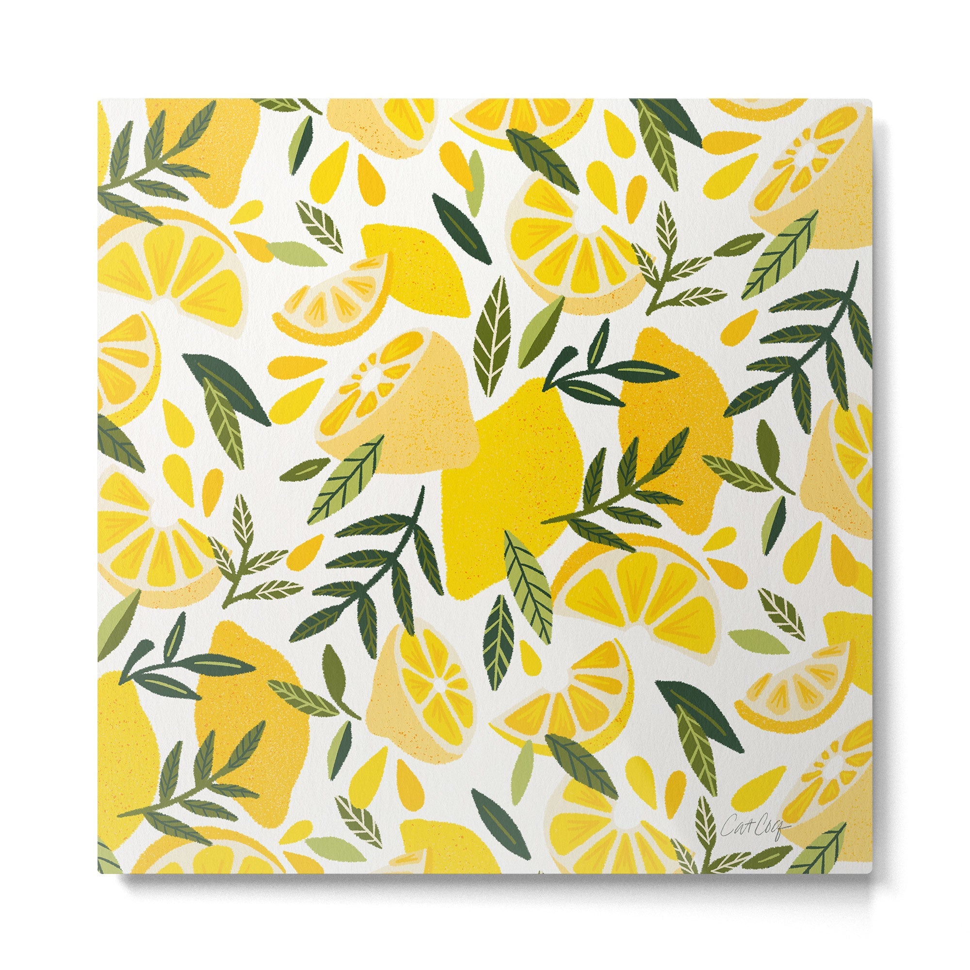 Lemon Blooms on White Metal Print | TeksDecor