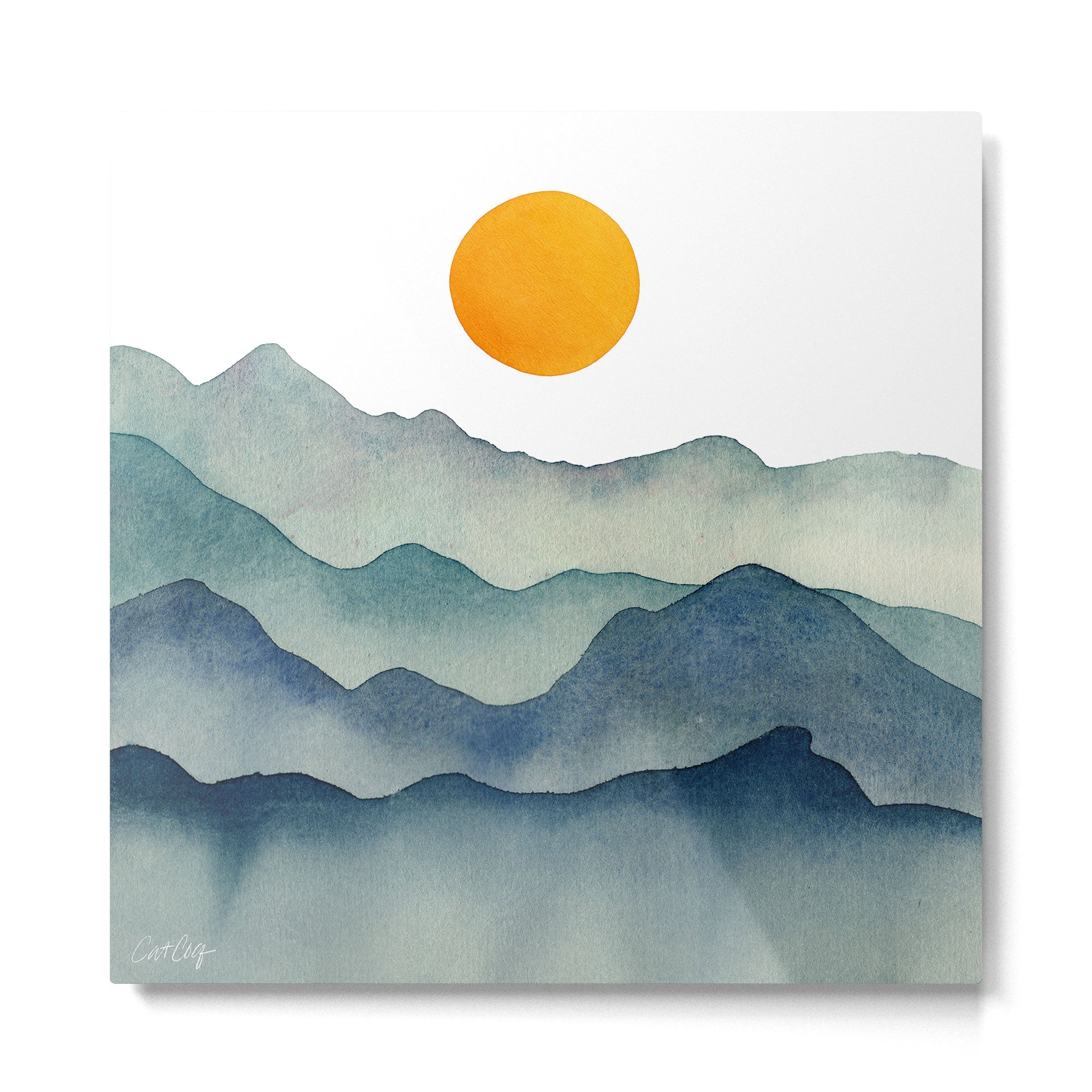 Mountain Range Silhouette - Blue & Yellow Metal Print | TeksDecor