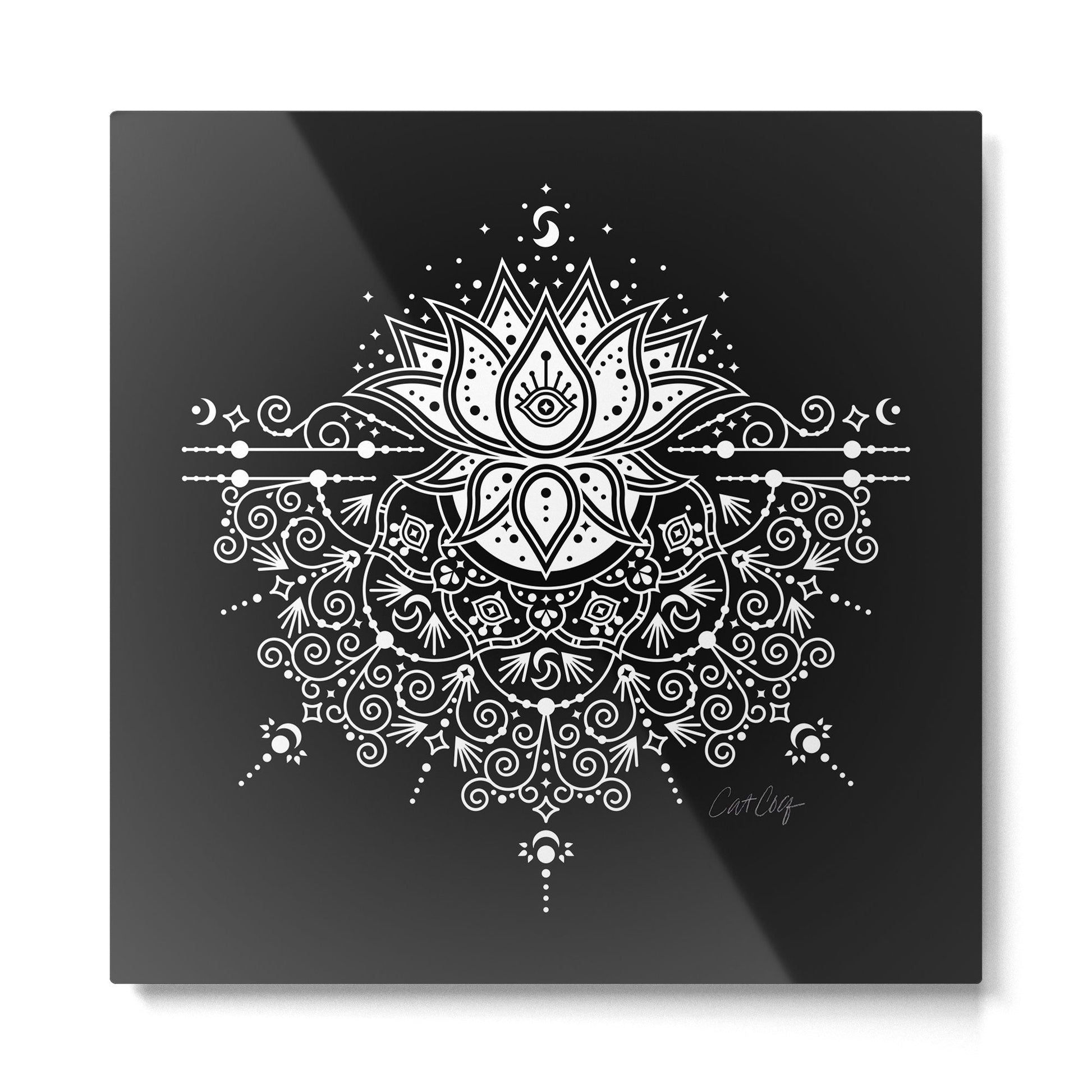 Sacred Lotus Blossom Mandala - White on Black Metal Print | TeksDecor