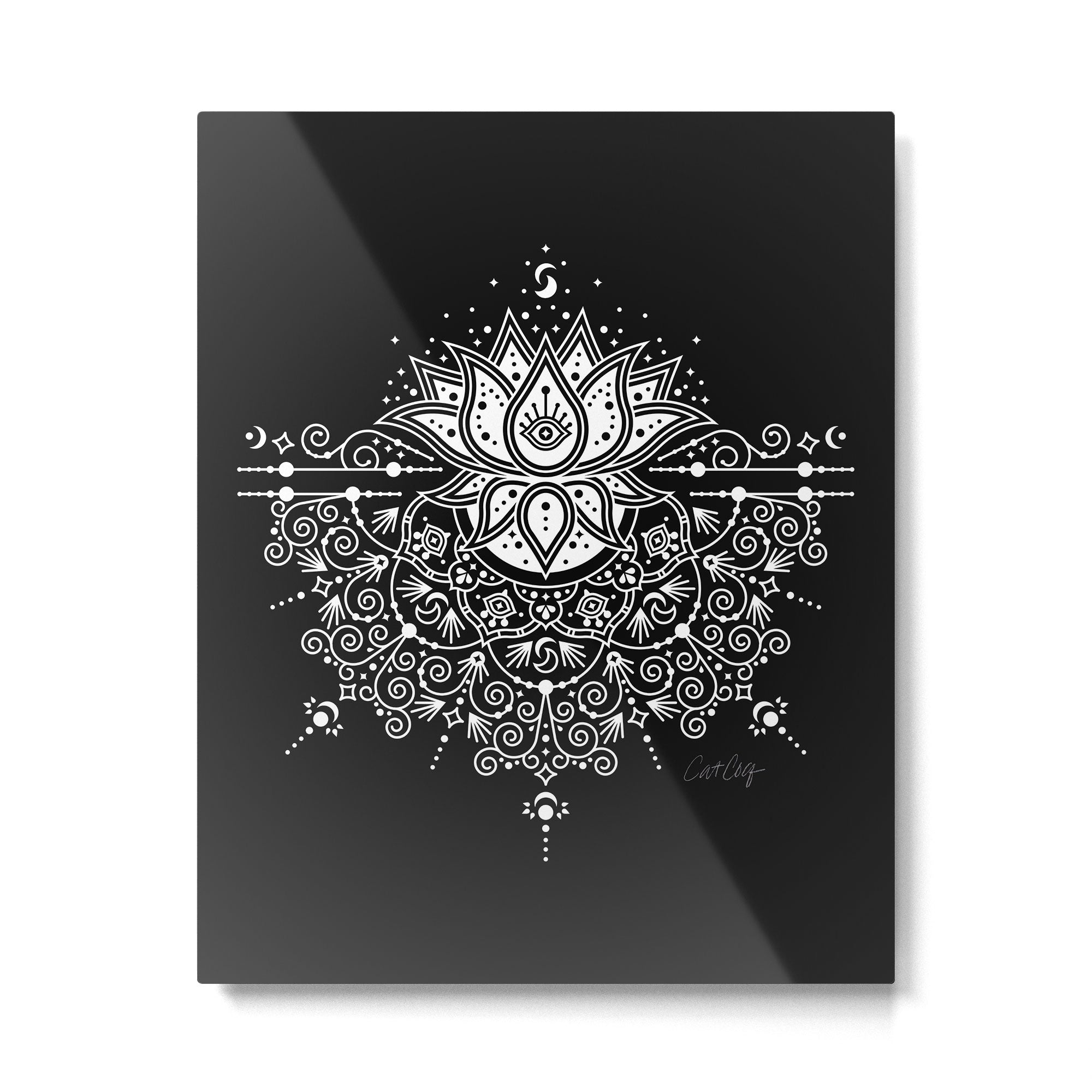 Sacred Lotus Blossom Mandala - White on Black Metal Print | TeksDecor