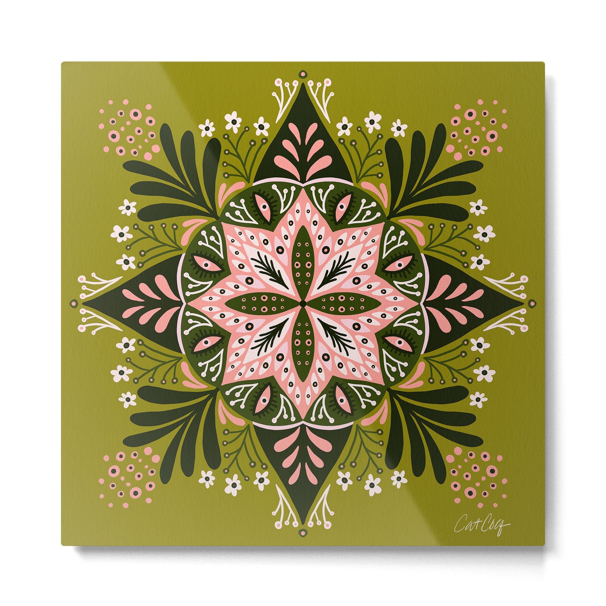 Sprouting Mandala - Sage & Pink Metal Print | TeksDecor