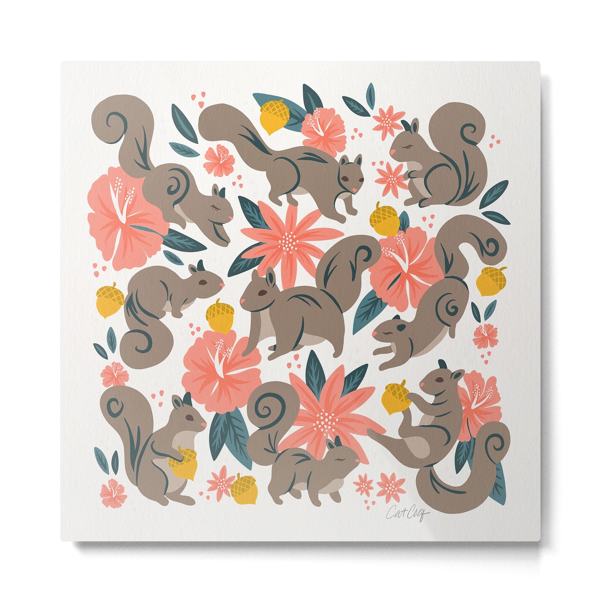 Squirrels & Blooms - Coral & Teal Metal Print | TeksDecor