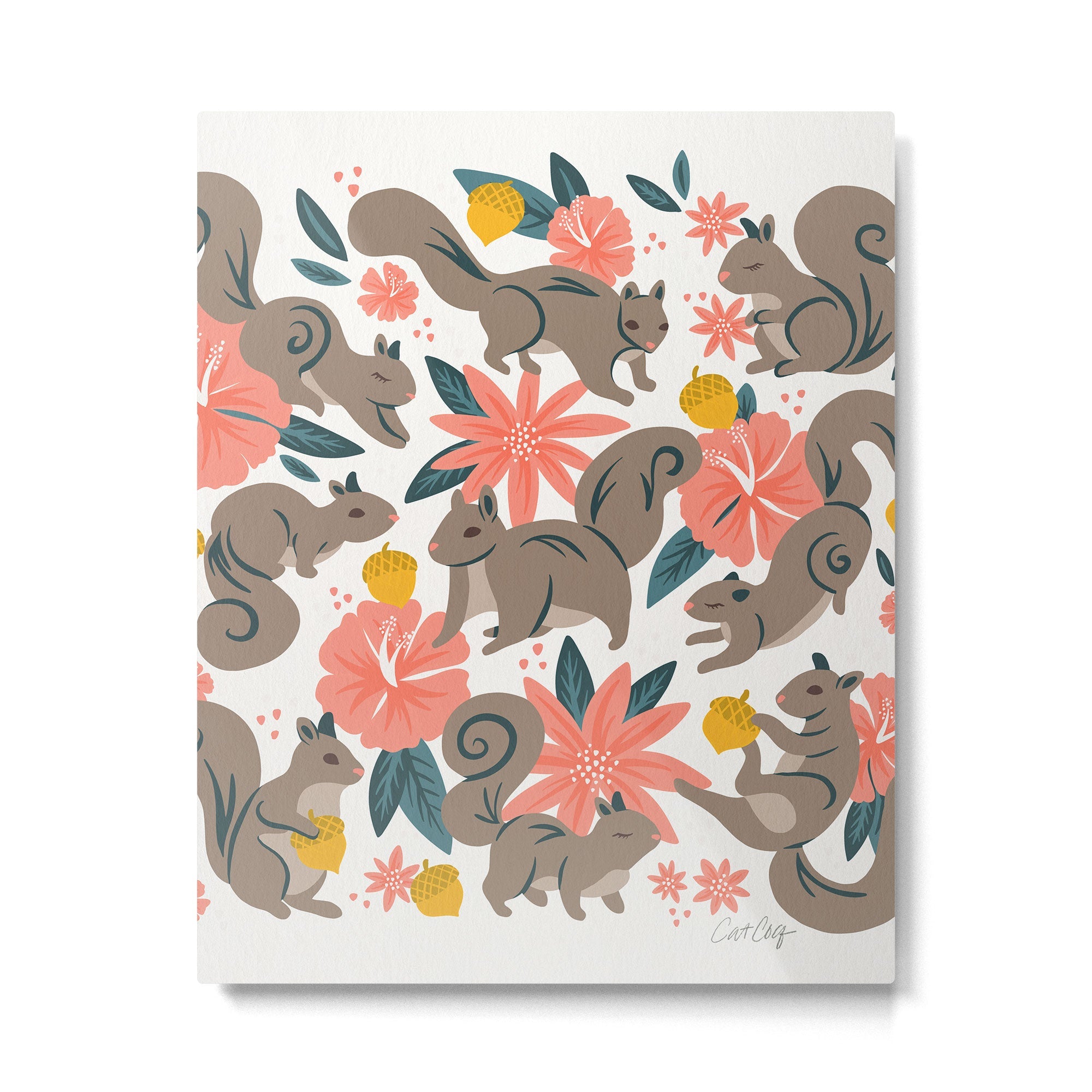 Squirrels & Blooms - Coral & Teal Metal Print | TeksDecor