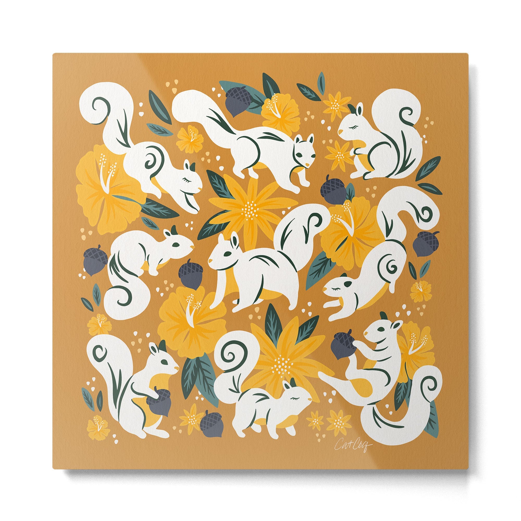 Squirrels & Blooms - Ochre Metal Print | TeksDecor