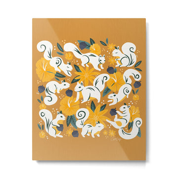 Squirrels & Blooms - Ochre Metal Print | TeksDecor