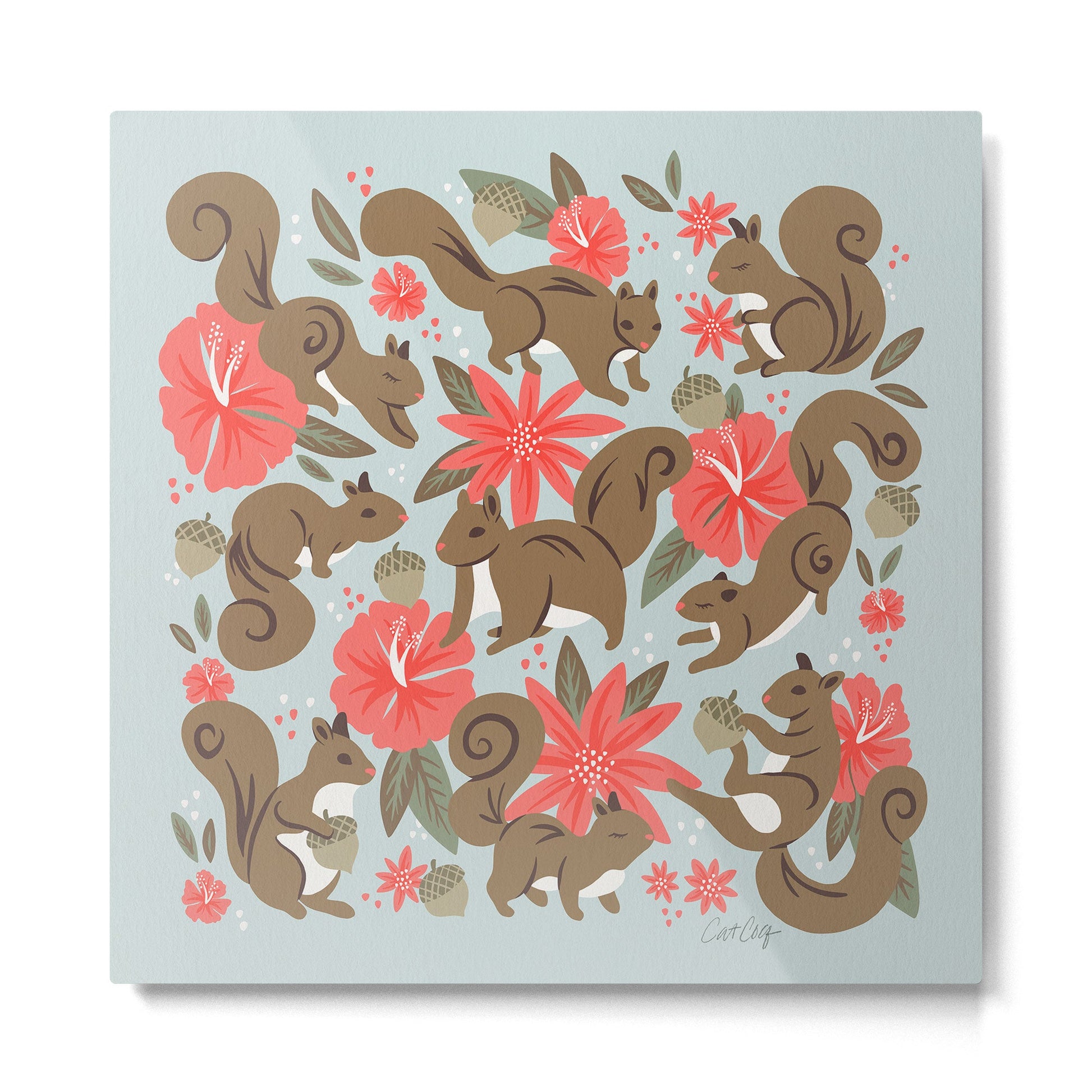 Squirrels & Blooms - Russet & Coral Metal Print | TeksDecor