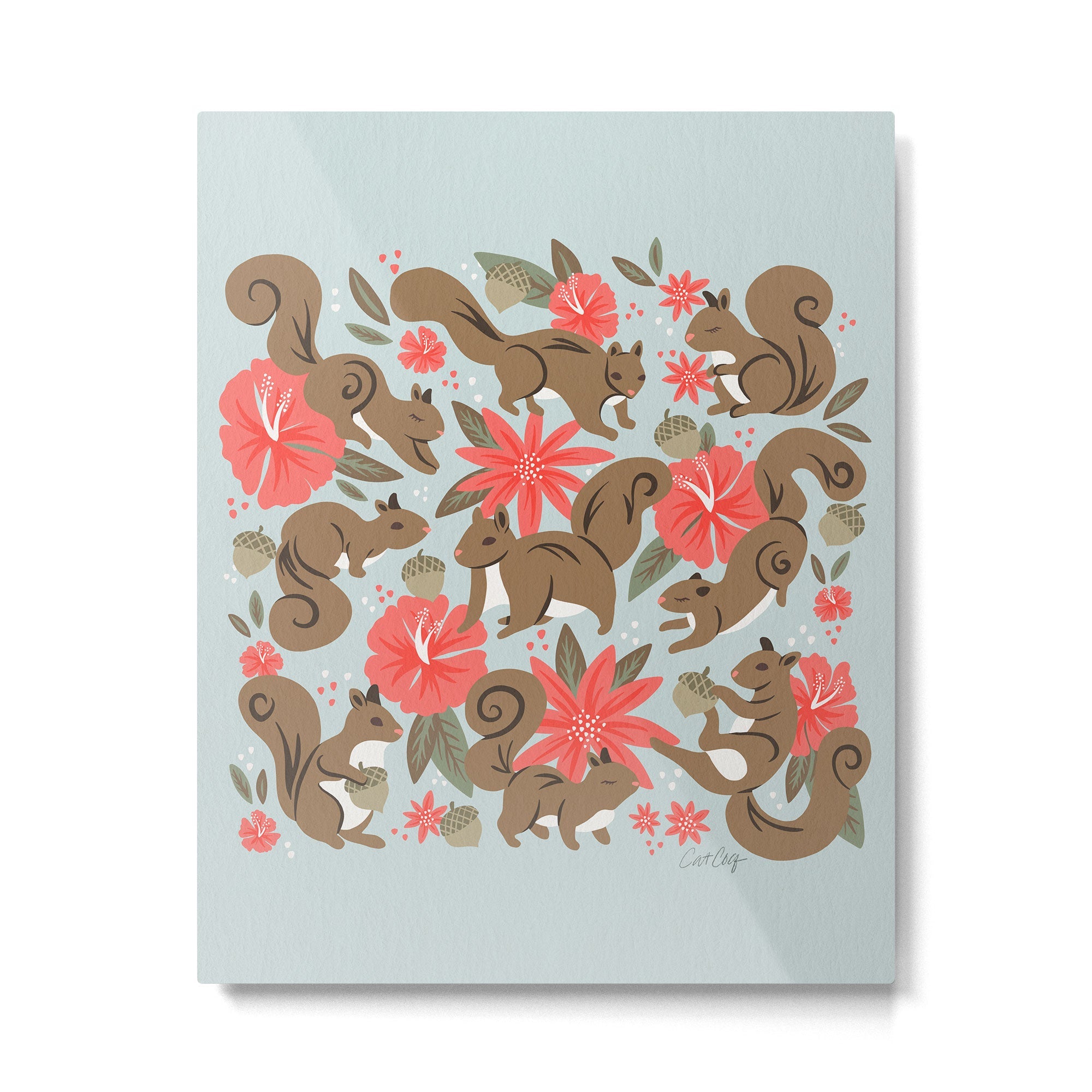 Squirrels & Blooms - Russet & Coral Metal Print | TeksDecor