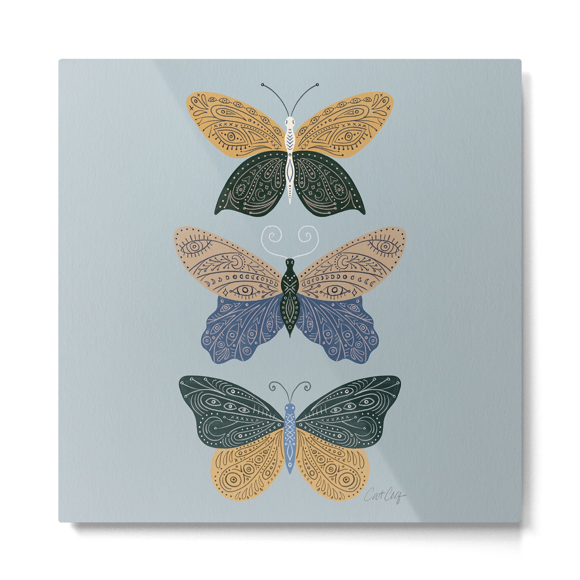 Tattooed Butterflies - Blue & Yellow Metal Print | TeksDecor