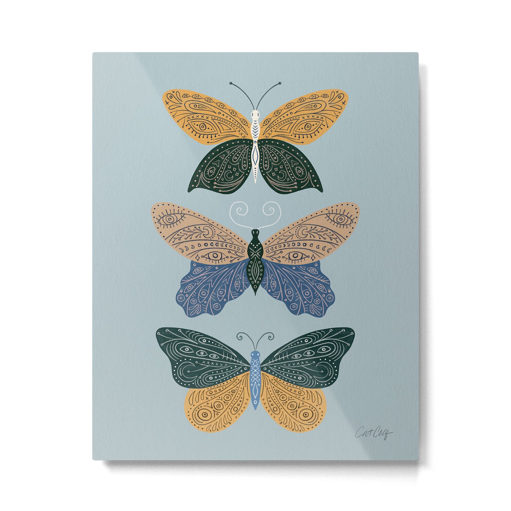 Tattooed Butterflies - Blue & Yellow Metal Print | TeksDecor