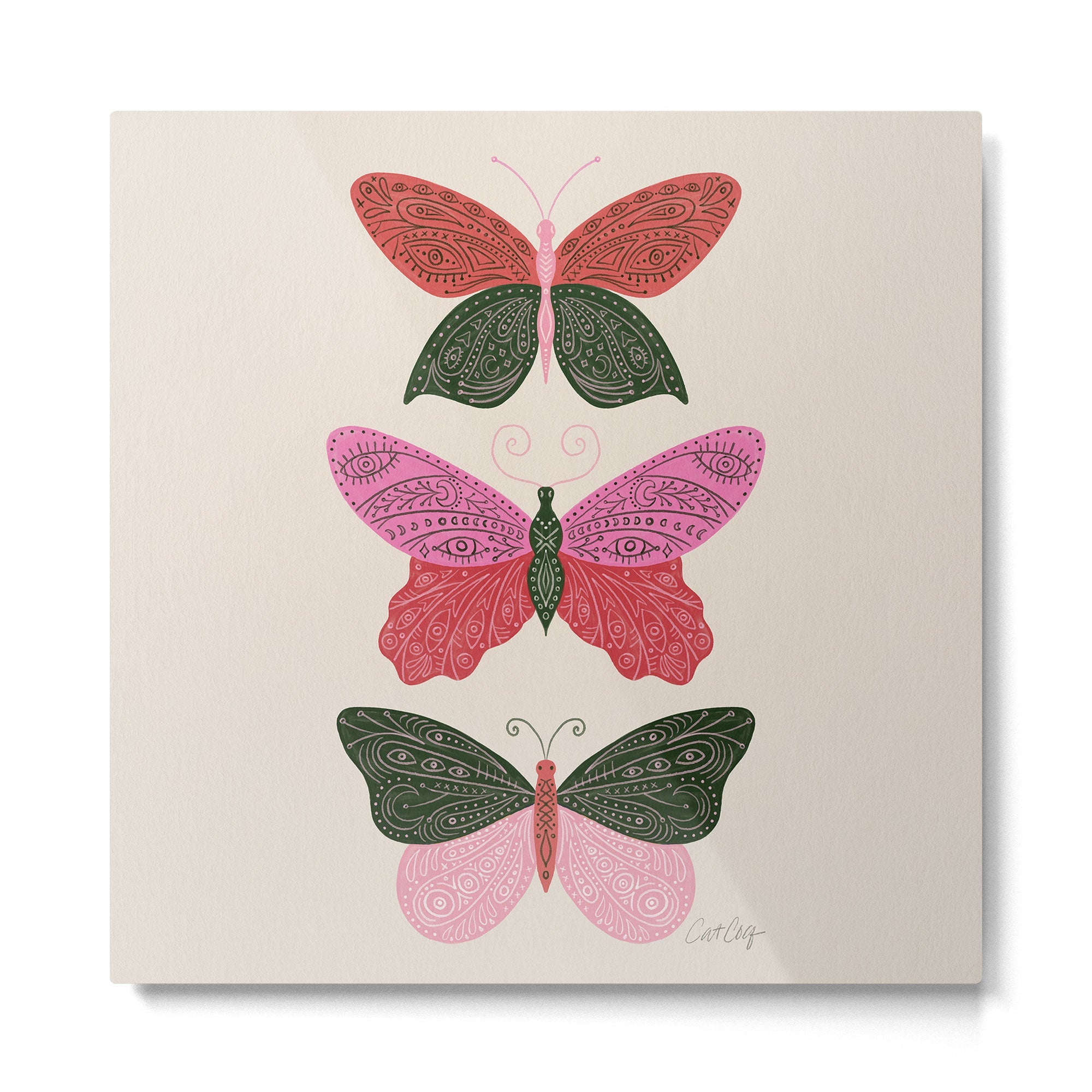 Tattooed Butterflies - Pink & Green Metal Print | TeksDecor