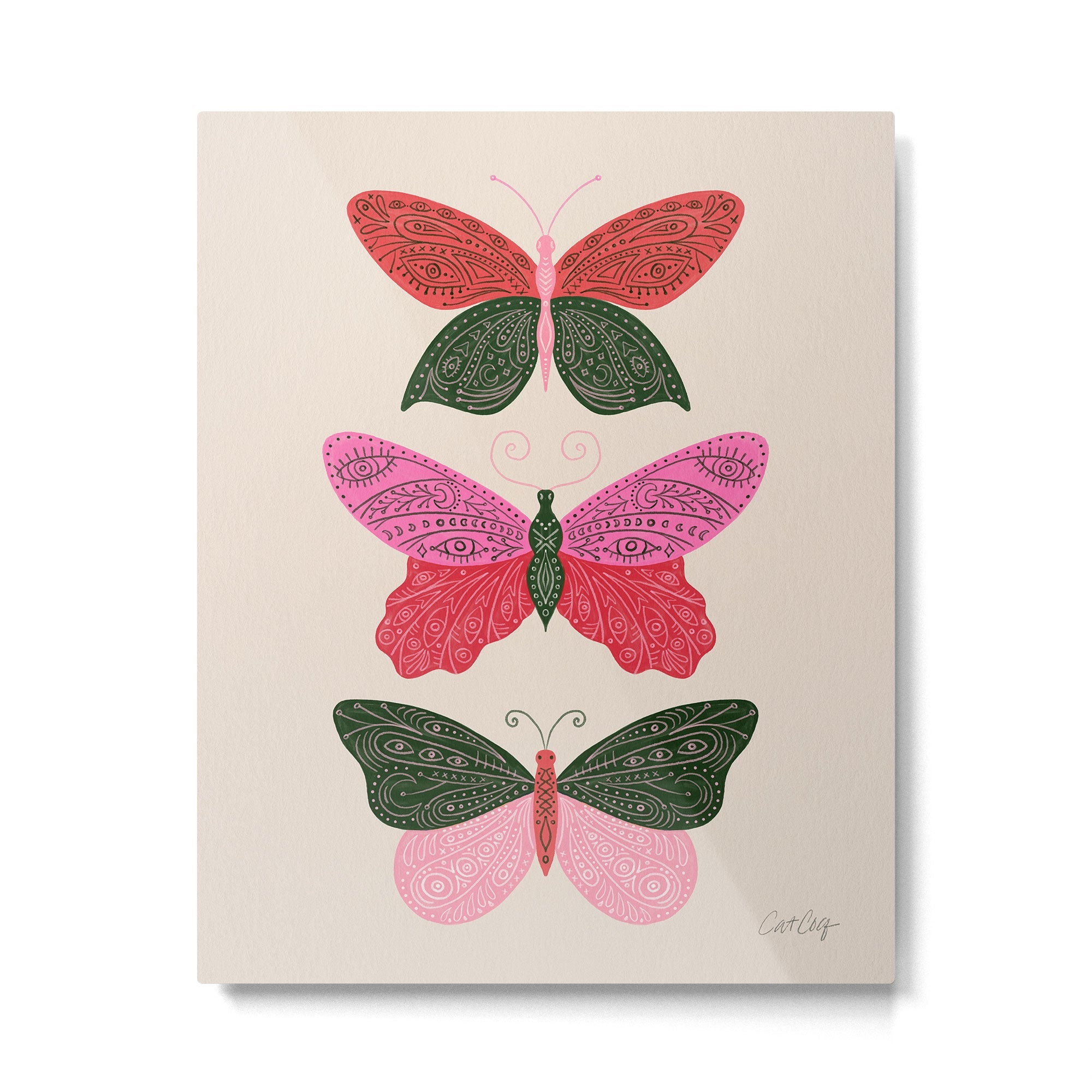 Tattooed Butterflies - Pink & Green Metal Print | TeksDecor