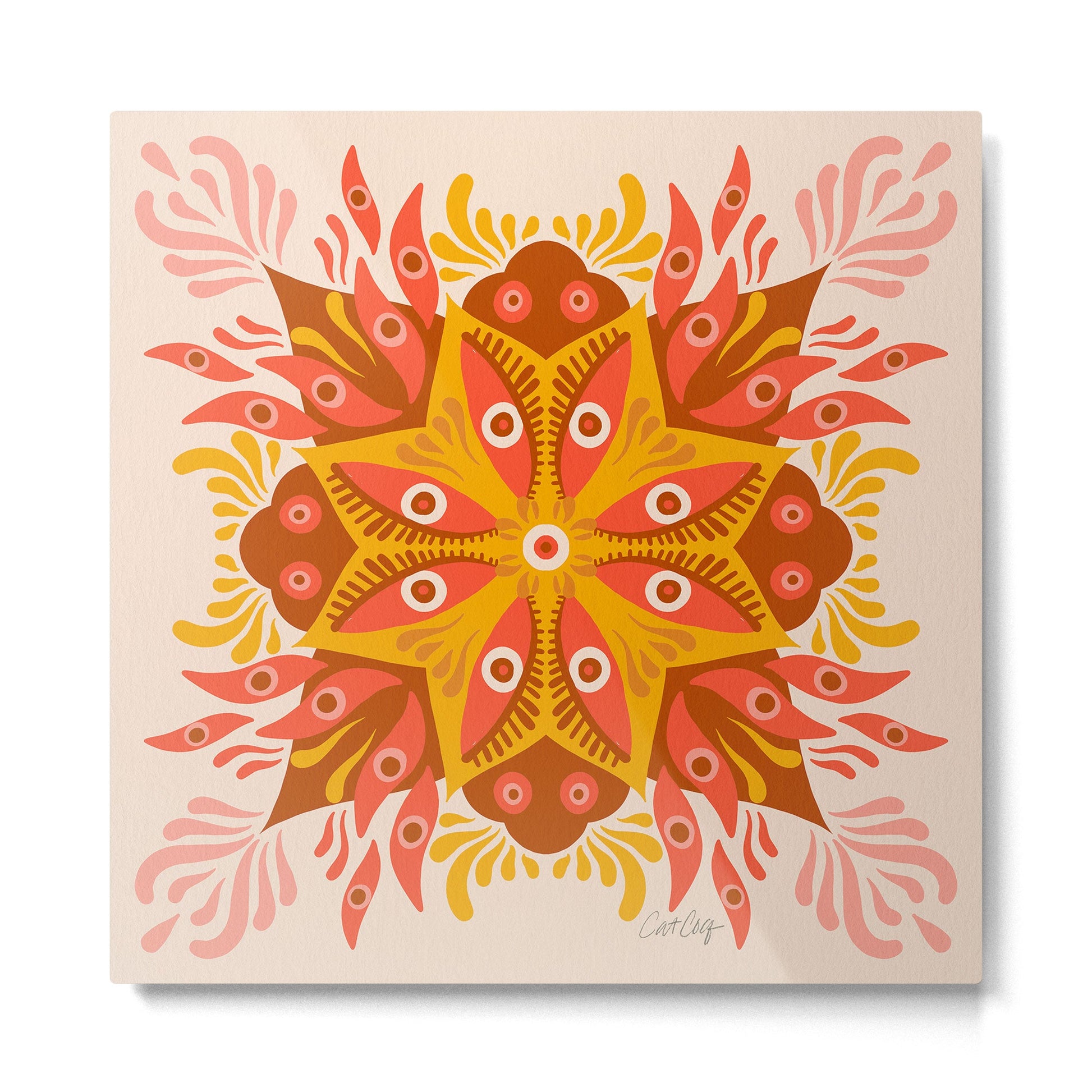 Trippy Mandala - Retro Ochre Metal Print | TeksDecor