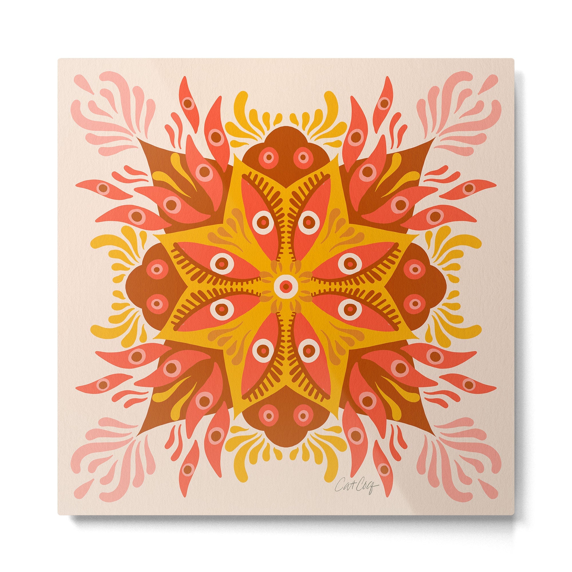 Trippy Mandala - Retro Ochre Metal Print | TeksDecor