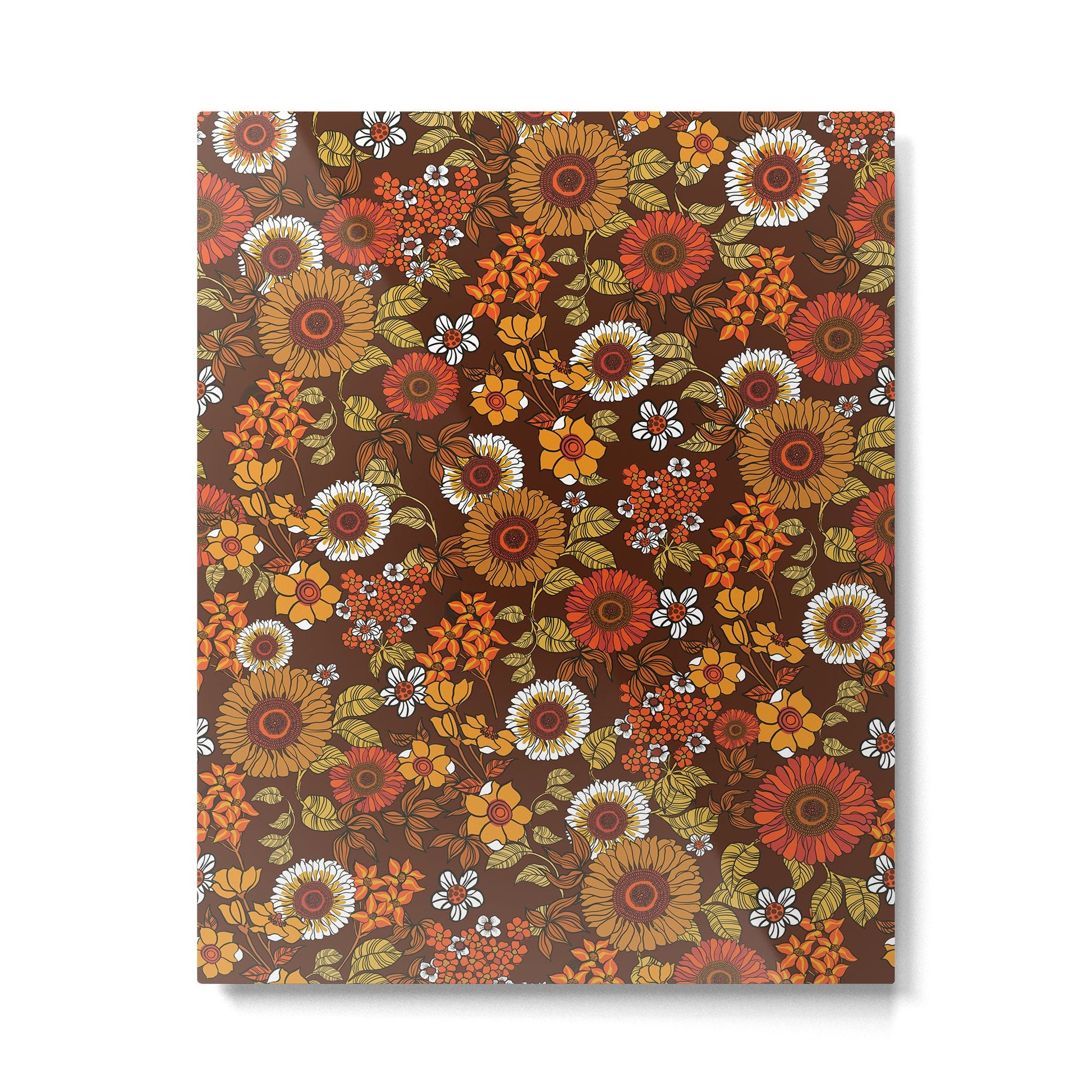 70s retro ditzy flowers, boho, browns, orange, hippie Metal Print | TeksDecor