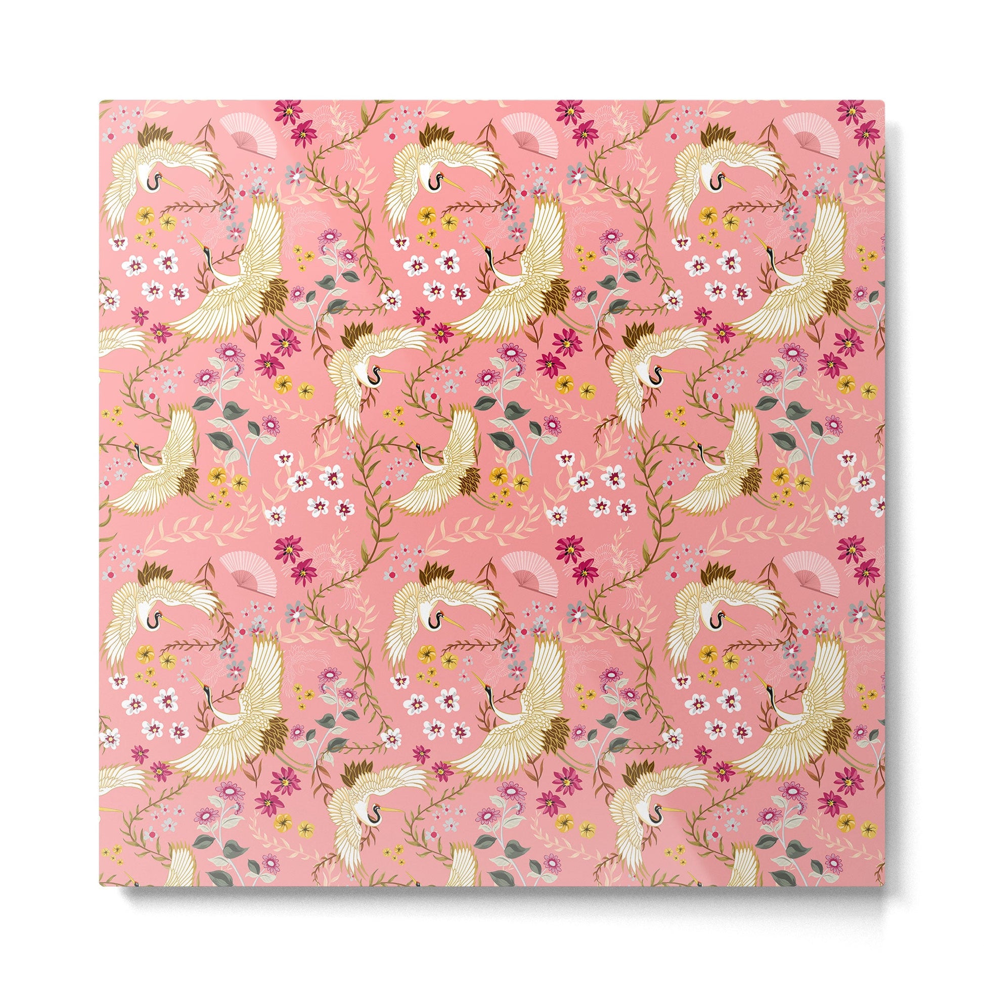 Chinoiserie cranes on pink, birds, flowers,  Metal Print | TeksDecor