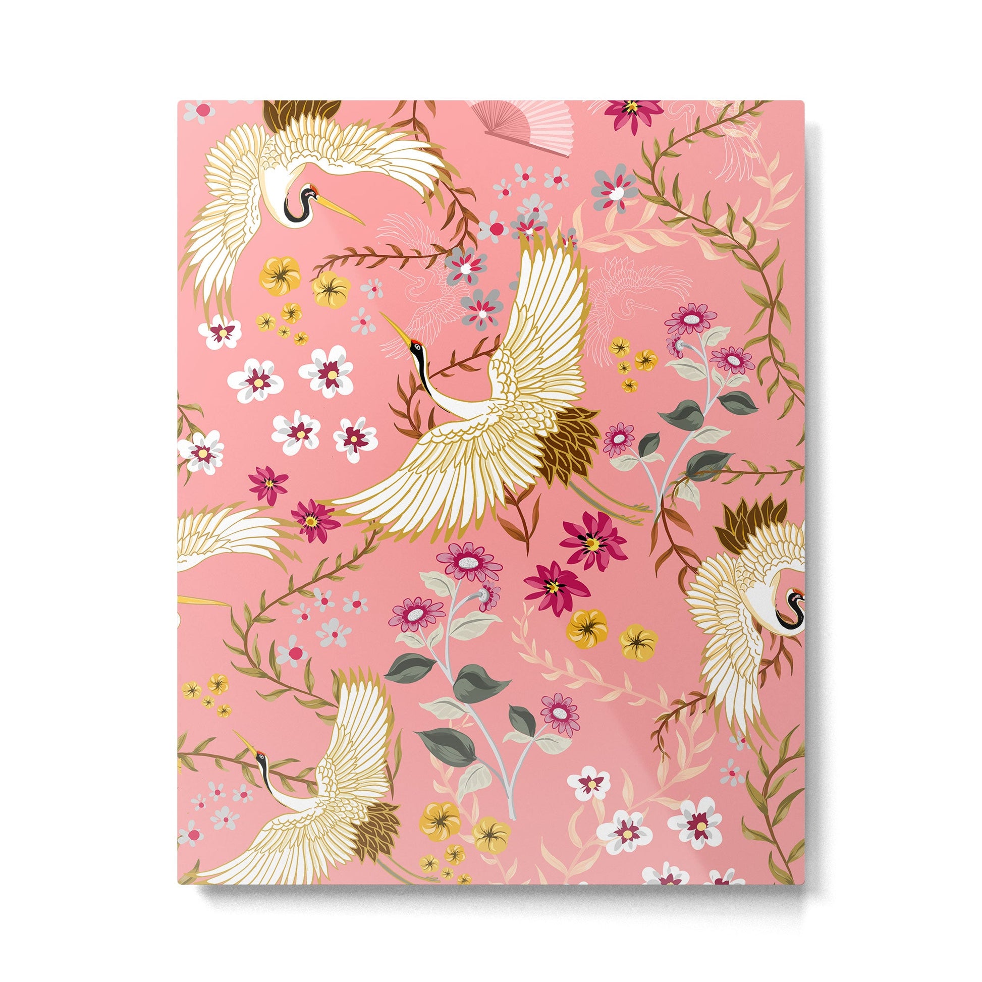 Chinoiserie cranes on pink, birds, flowers,  Metal Print | TeksDecor