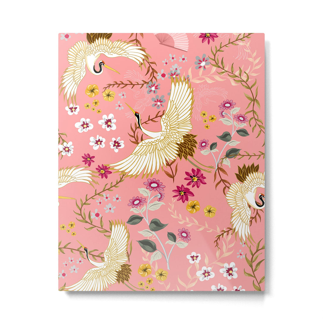 Chinoiserie cranes on pink, birds, flowers,  Metal Print | TeksDecor