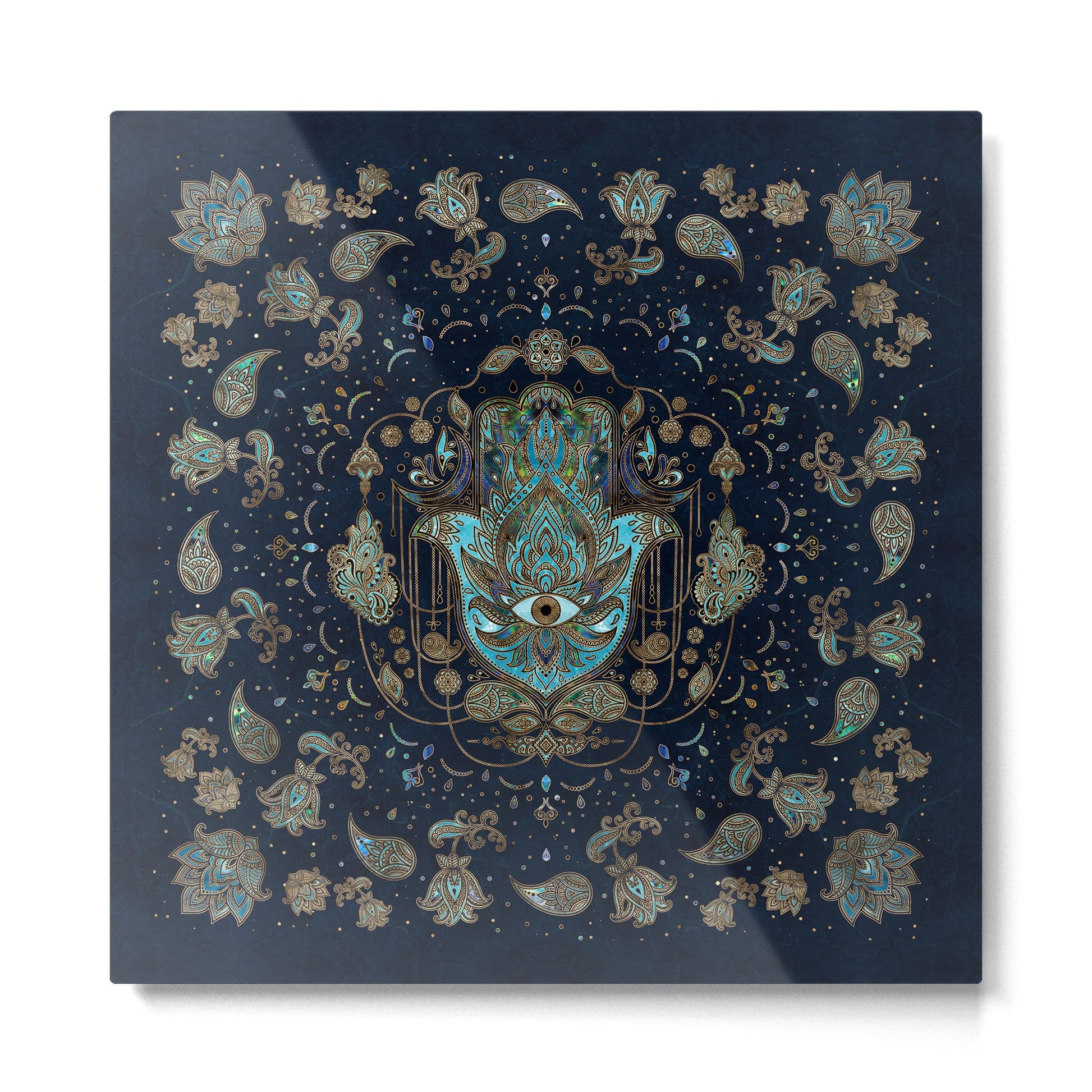 Hamsa Hand -Hand of Fatima Blue Gemstones Metal Print | TeksDecor
