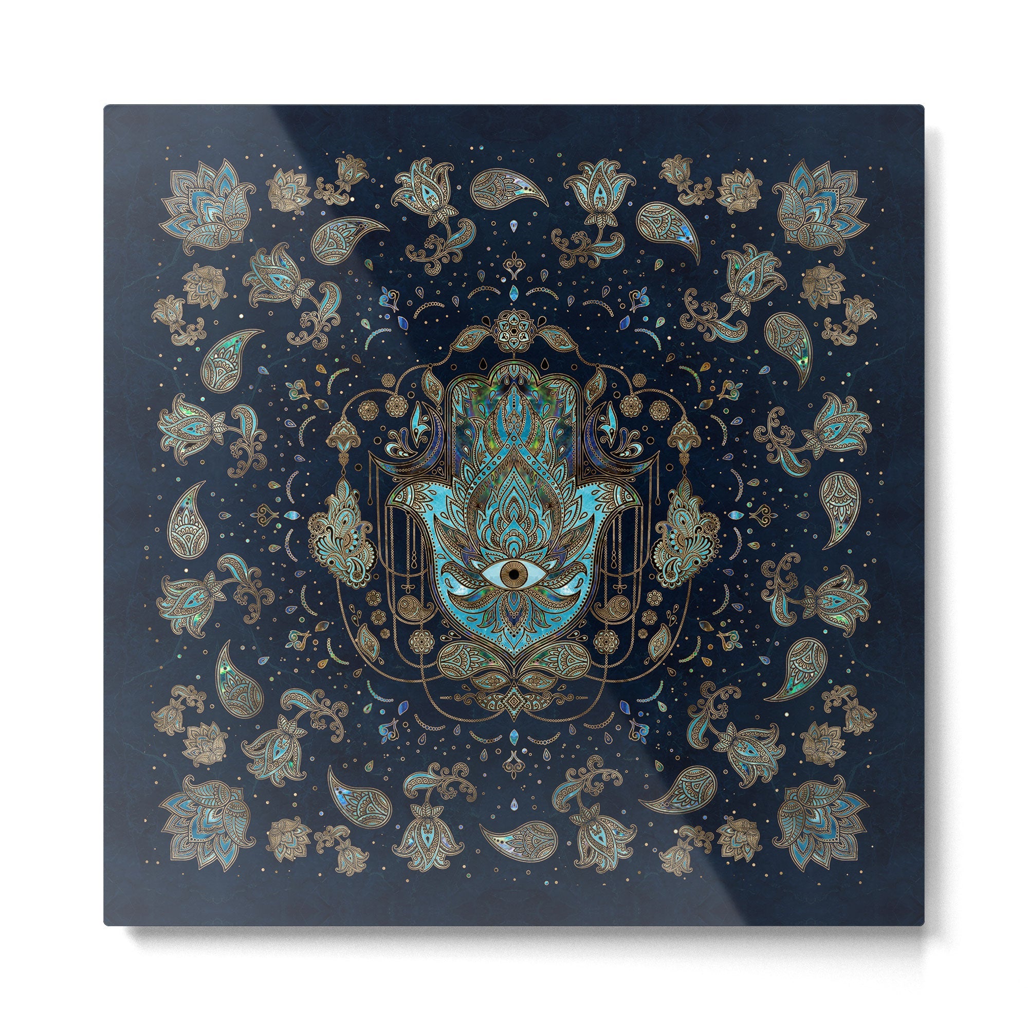 Hamsa Hand -Hand of Fatima Blue Gemstones Metal Print | TeksDecor