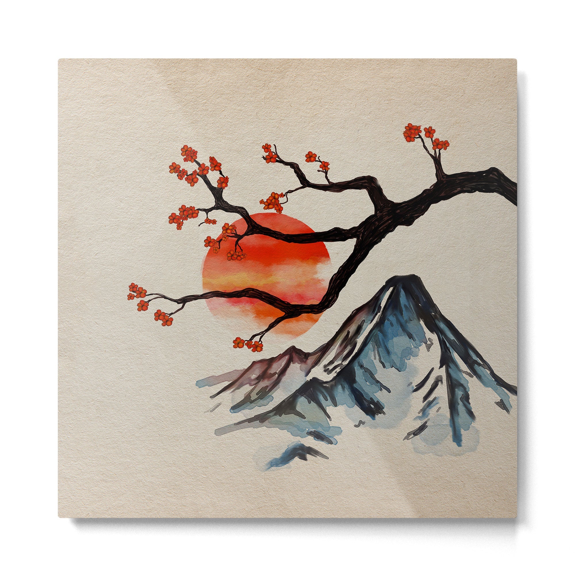 Zen Serenity Landscape - Sakura Mountain Sunset Metal Print | TeksDecor
