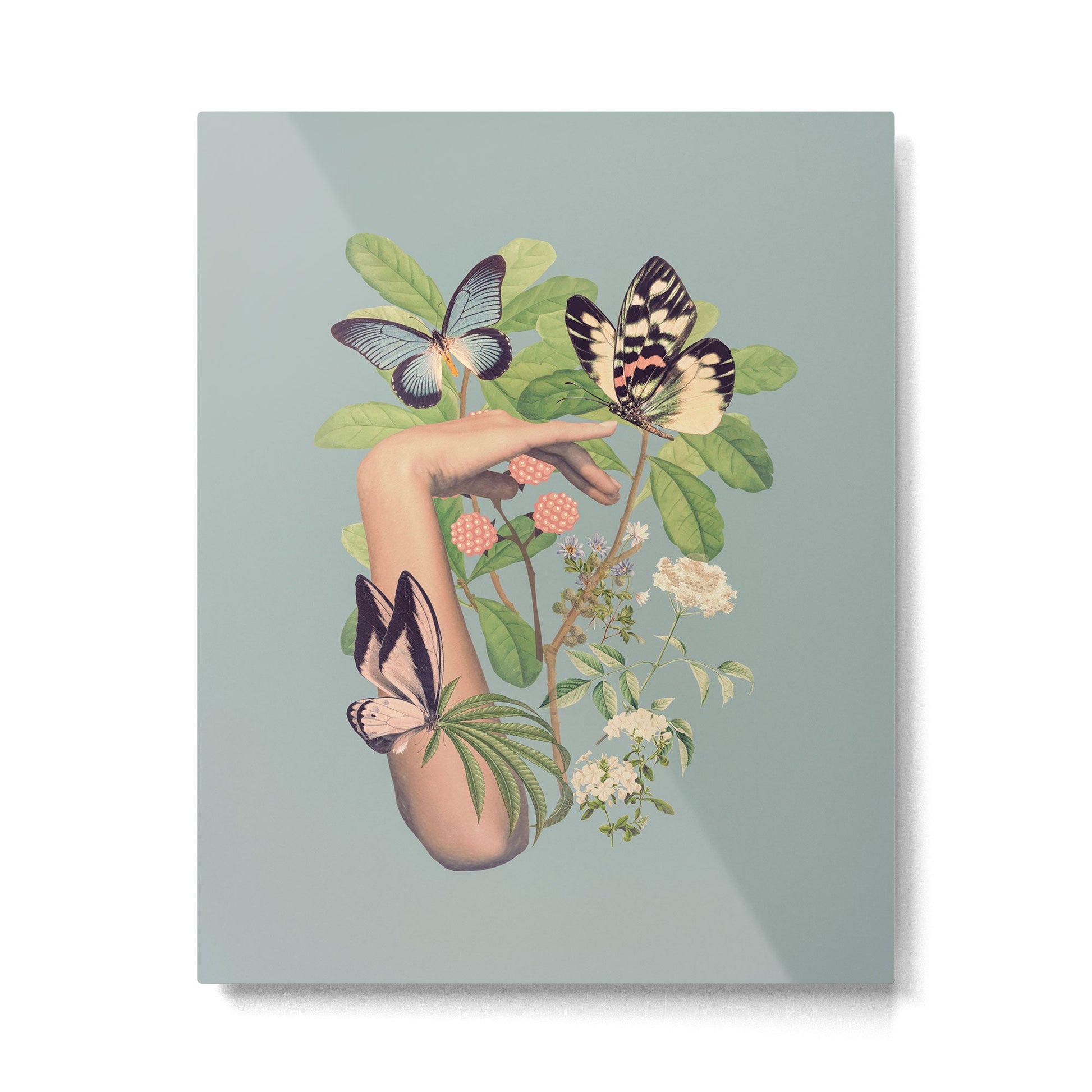 Minimal Collage/ Hand, Plants and Butterflies 4 Metal Print | TeksDecor