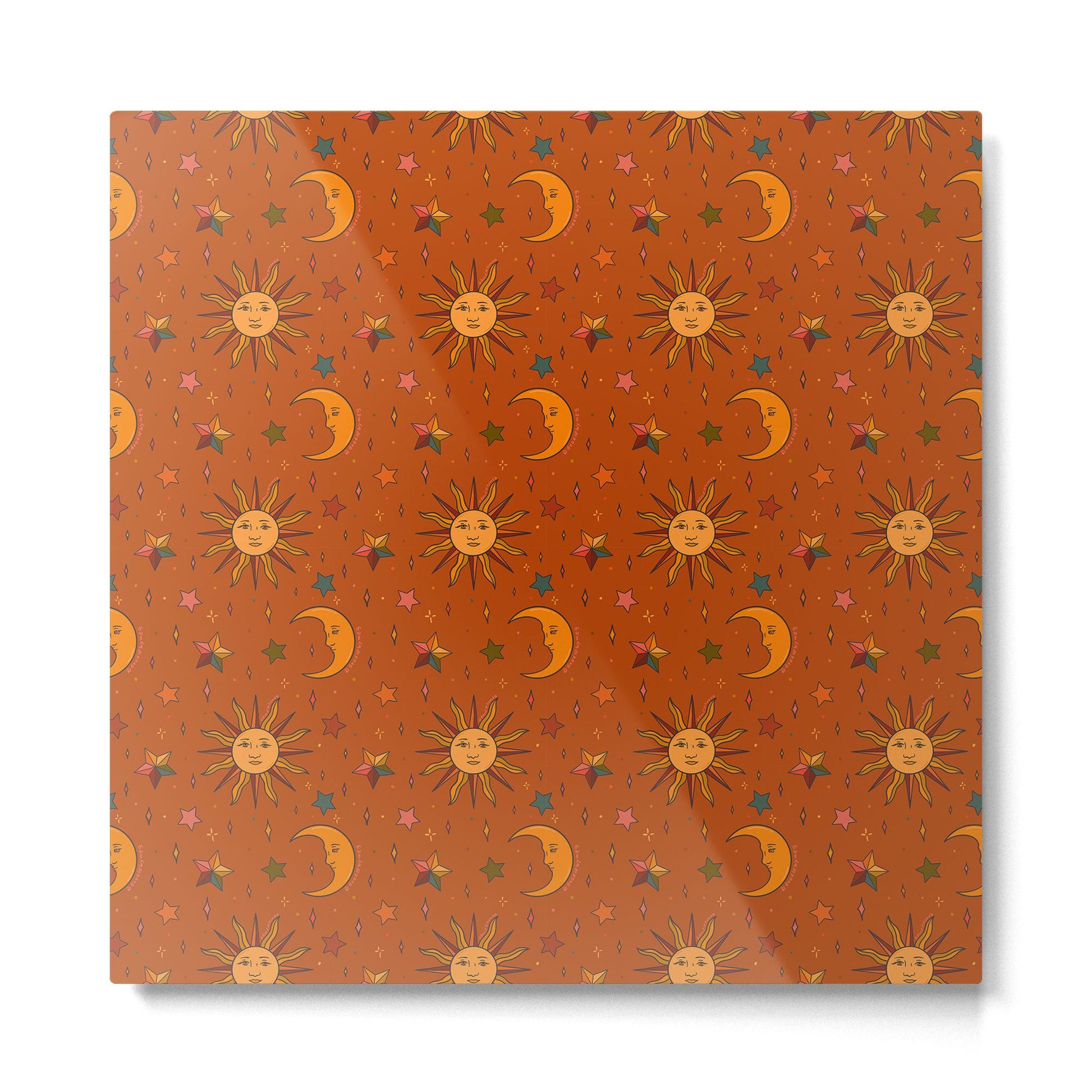 Folk Moon and Star Print in Orange Metal Print | TeksDecor