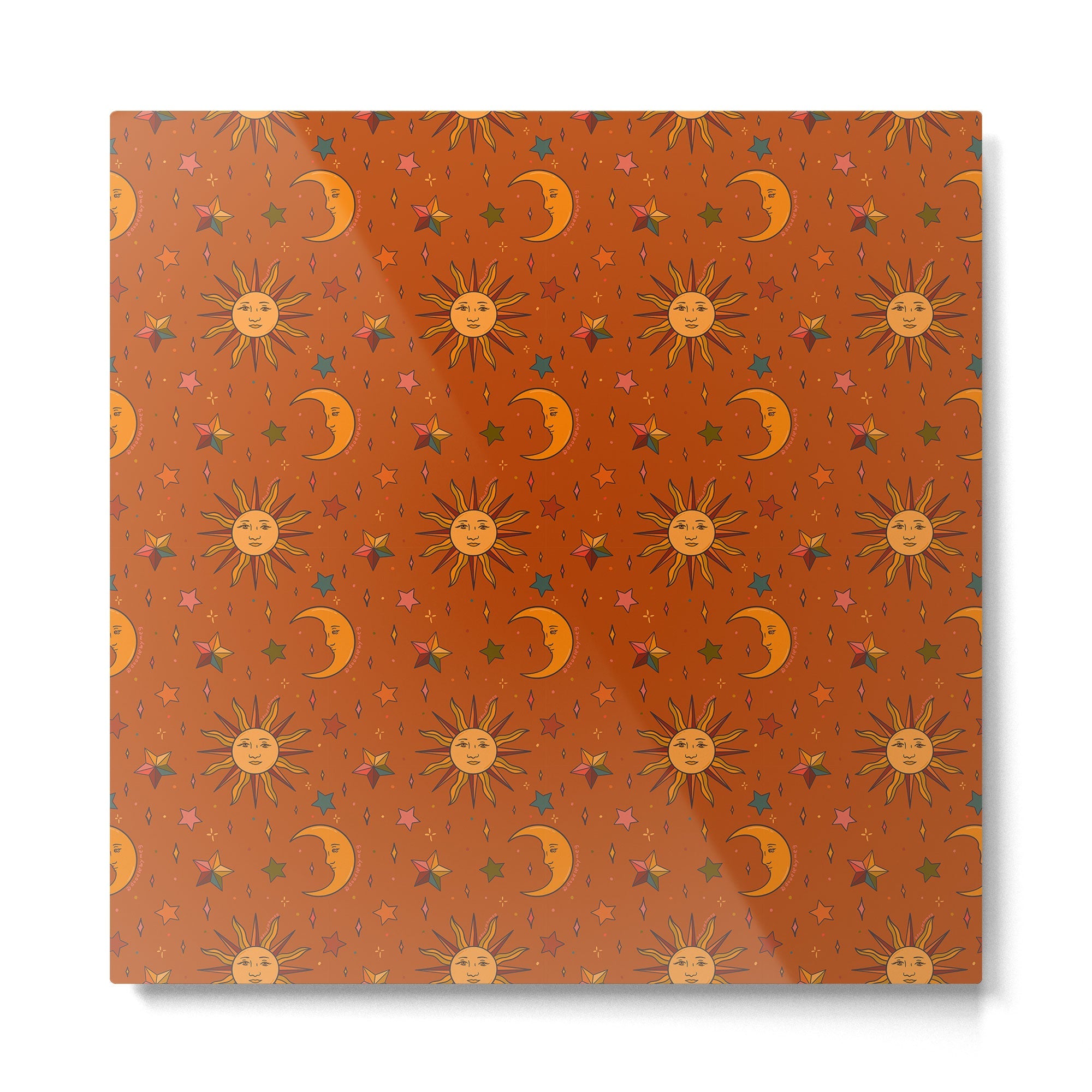 Folk Moon and Star Print in Orange Metal Print | TeksDecor