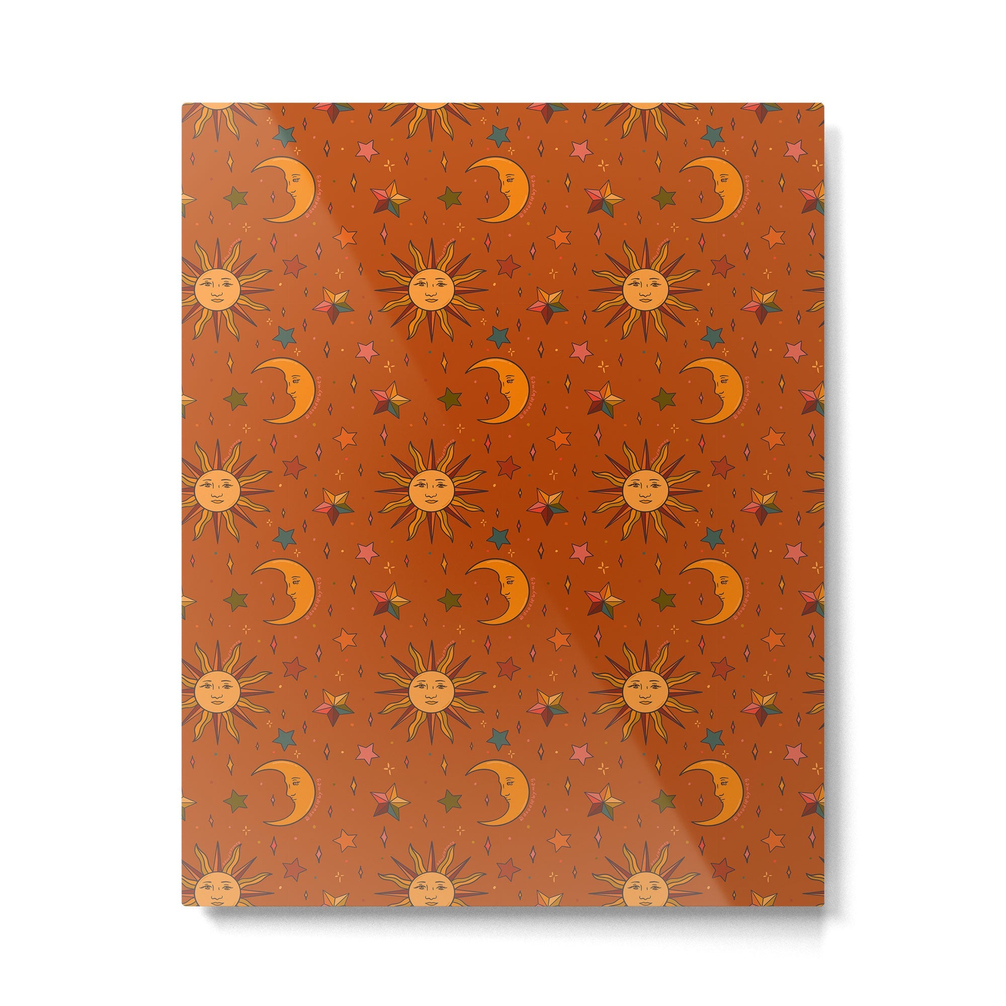 Folk Moon and Star Print in Orange Metal Print | TeksDecor