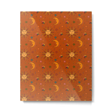 Folk Moon and Star Print in Orange Metal Print | TeksDecor