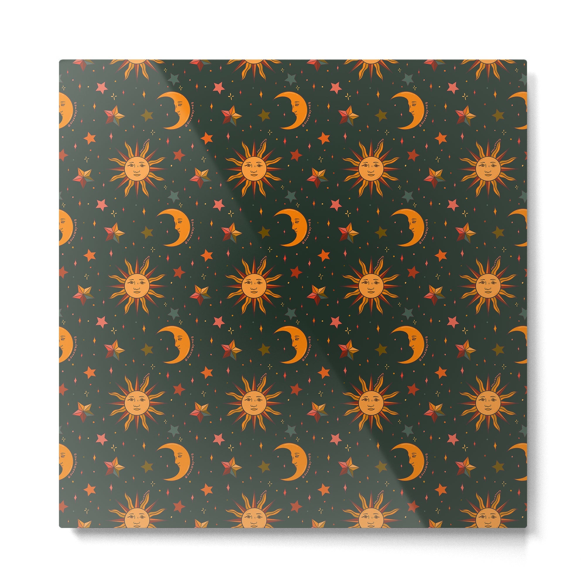 Folk Moon and Star Print in Teal Metal Print | TeksDecor