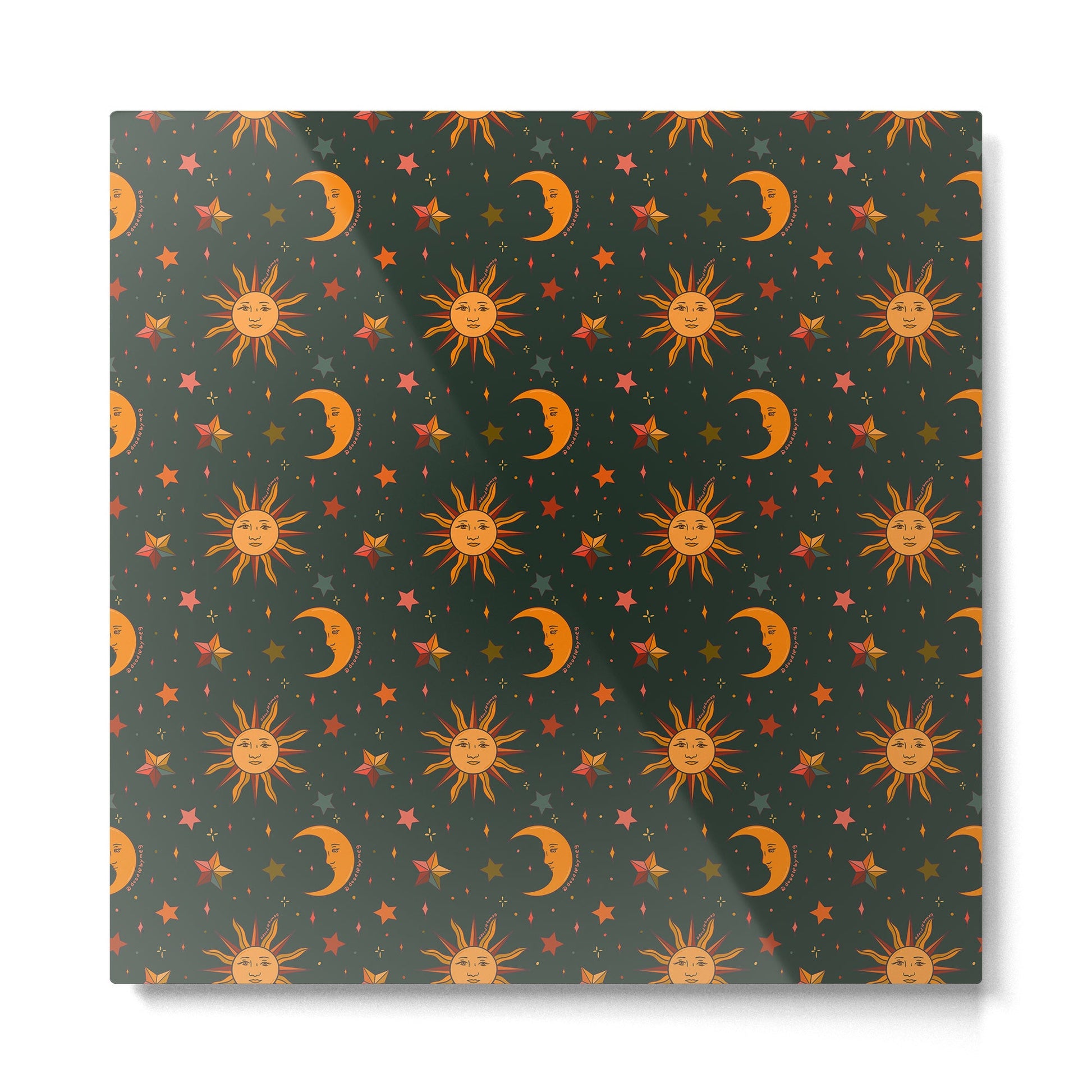 Folk Moon and Star Print in Teal Metal Print | TeksDecor