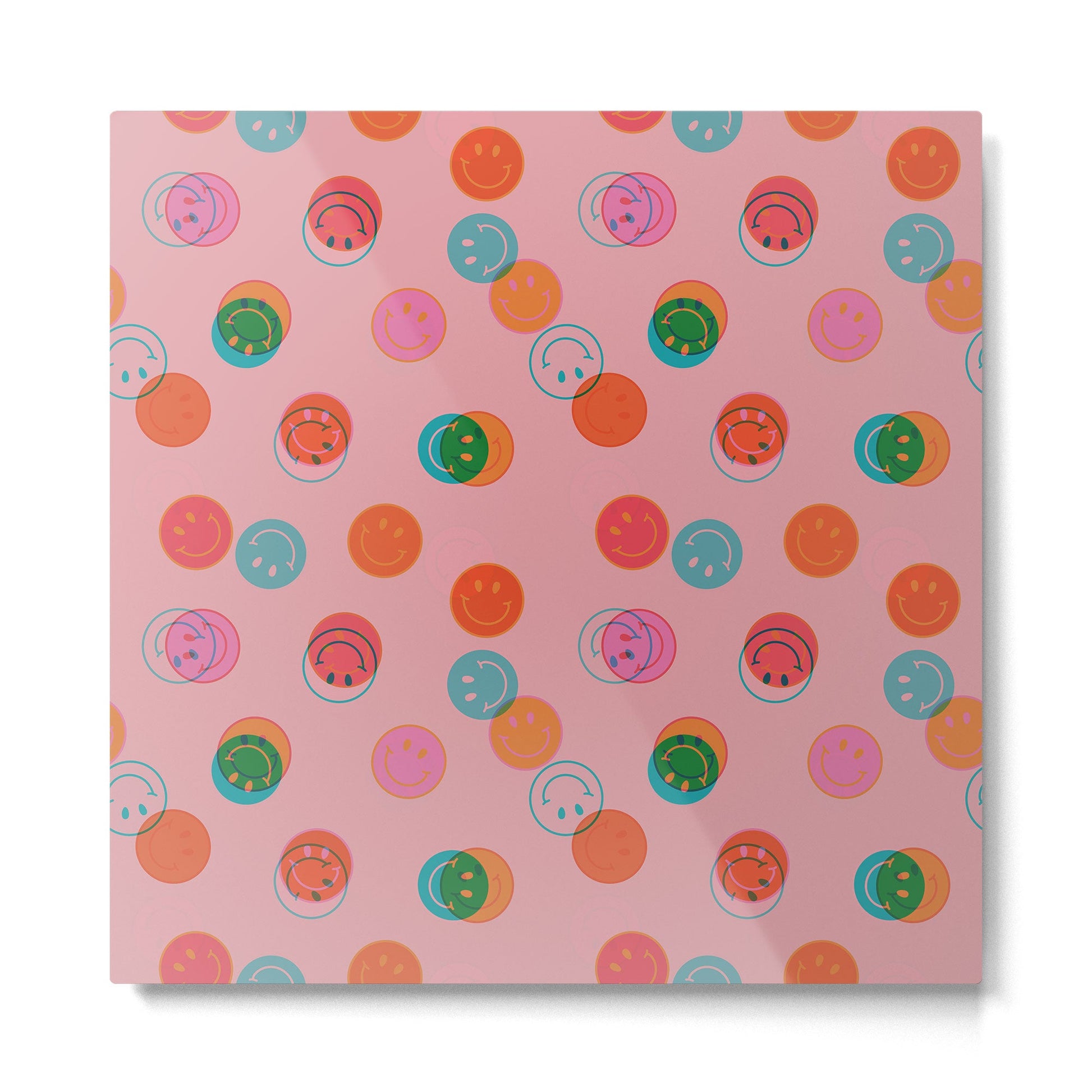 Smiley Face Stamp Print in Pink Metal Print | TeksDecor