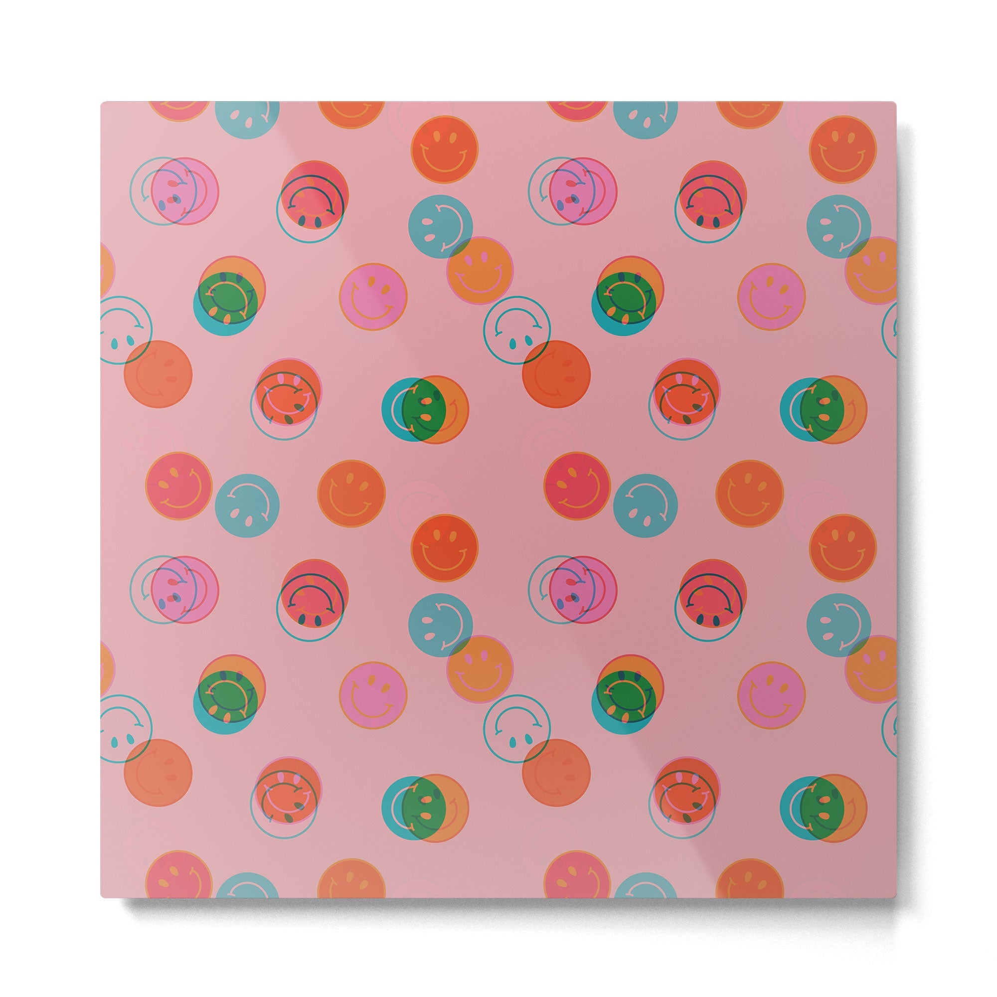 Smiley Face Stamp Print in Pink Metal Print | TeksDecor