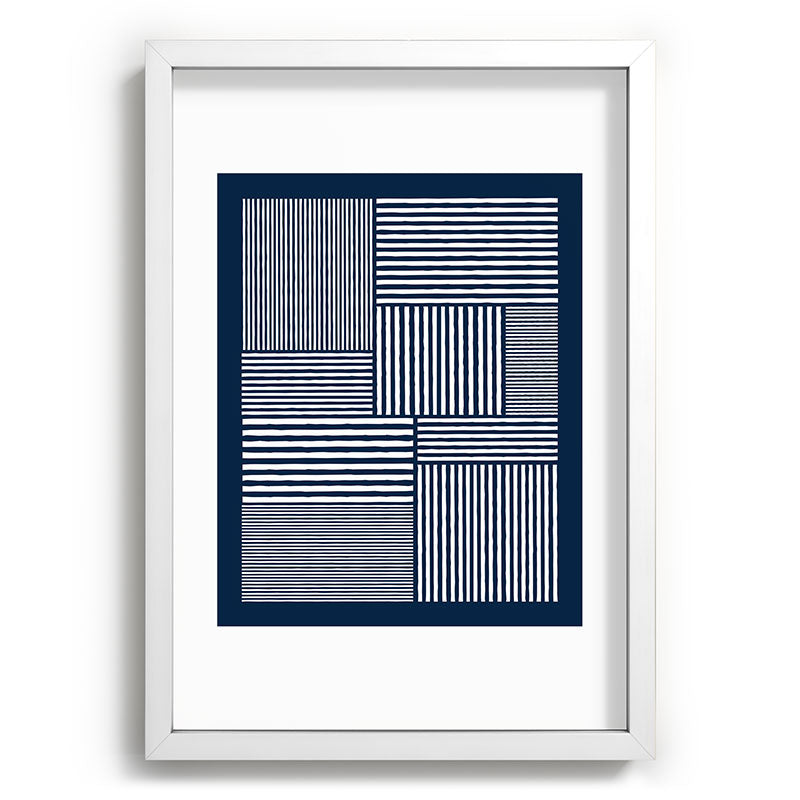 White Lines Navy Minimalist Stylish Design Framed Art Print