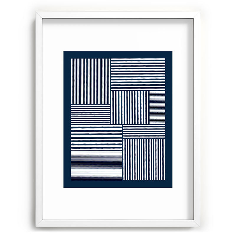 White Lines Navy Minimalist Stylish Design Framed Art Print