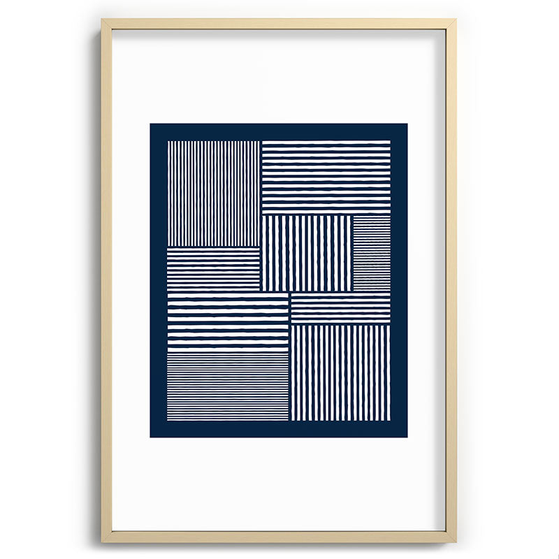 White Lines Navy Minimalist Stylish Design Framed Art Print