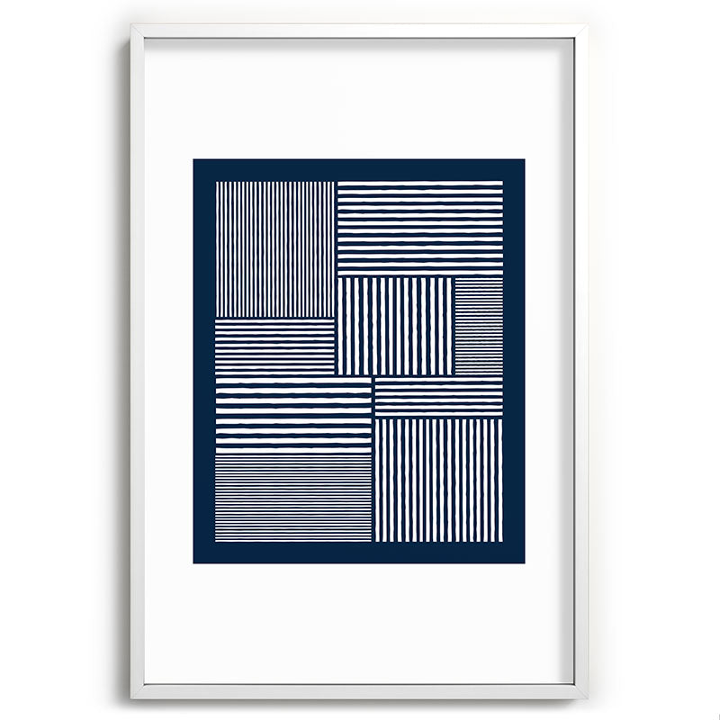 White Lines Navy Minimalist Stylish Design Framed Art Print