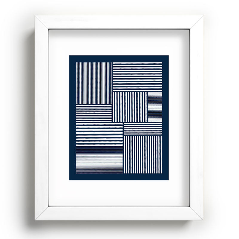 White Lines Navy Minimalist Stylish Design Framed Art Print