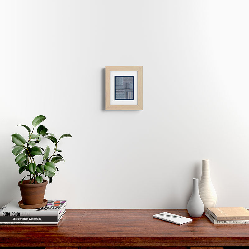 White Lines Navy Minimalist Stylish Design Framed Art Print