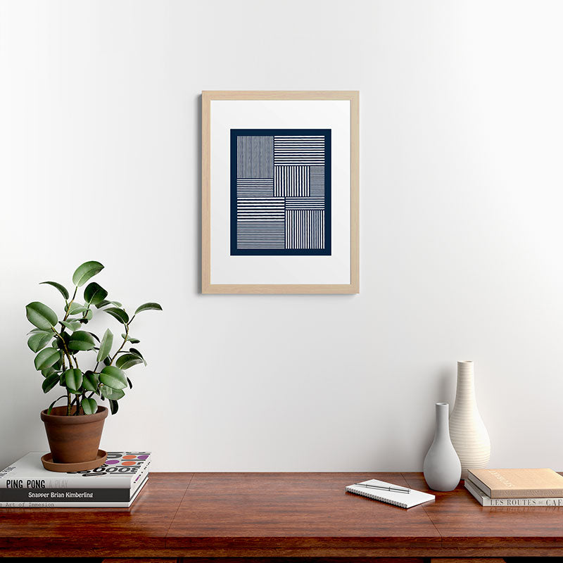 White Lines Navy Minimalist Stylish Design Framed Art Print
