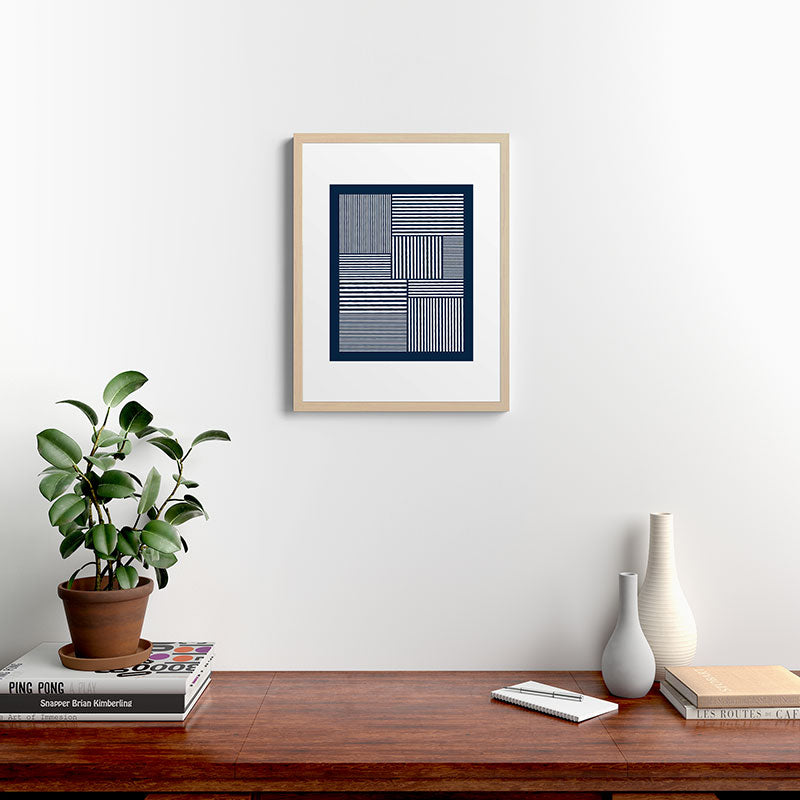 White Lines Navy Minimalist Stylish Design Framed Art Print