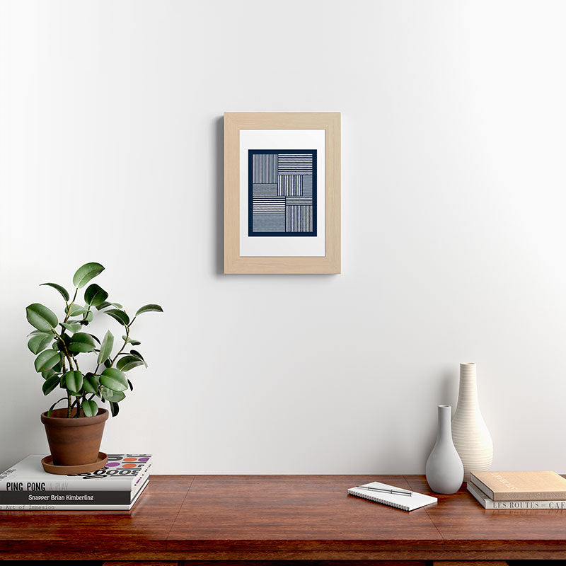 White Lines Navy Minimalist Stylish Design Framed Art Print