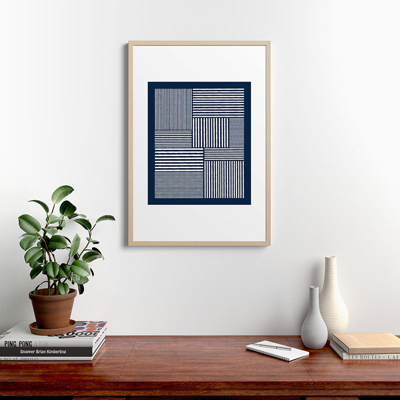 White Lines Navy Minimalist Stylish Design Framed Art Print