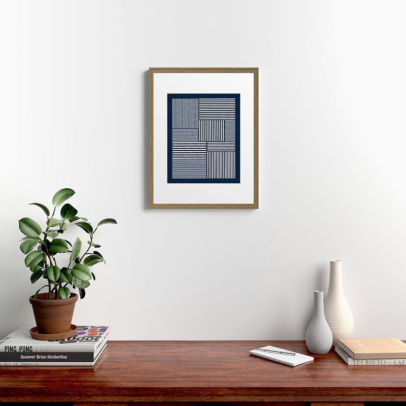 White Lines Navy Minimalist Stylish Design Framed Art Print