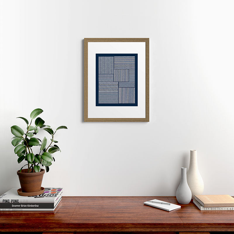 White Lines Navy Minimalist Stylish Design Framed Art Print