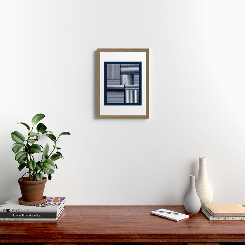 White Lines Navy Minimalist Stylish Design Framed Art Print